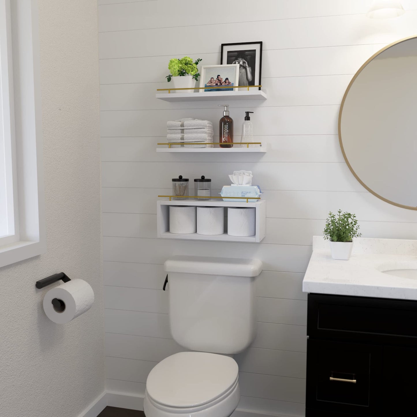 WOPITUES Floating Shelves for Wall with Cube Shelf, Wall Shelves with Metal Rail for Decor, Bathroom Organizers and Storage, Over Toilet Shelves for Bathroom, Toilet Paper-White&Gold
