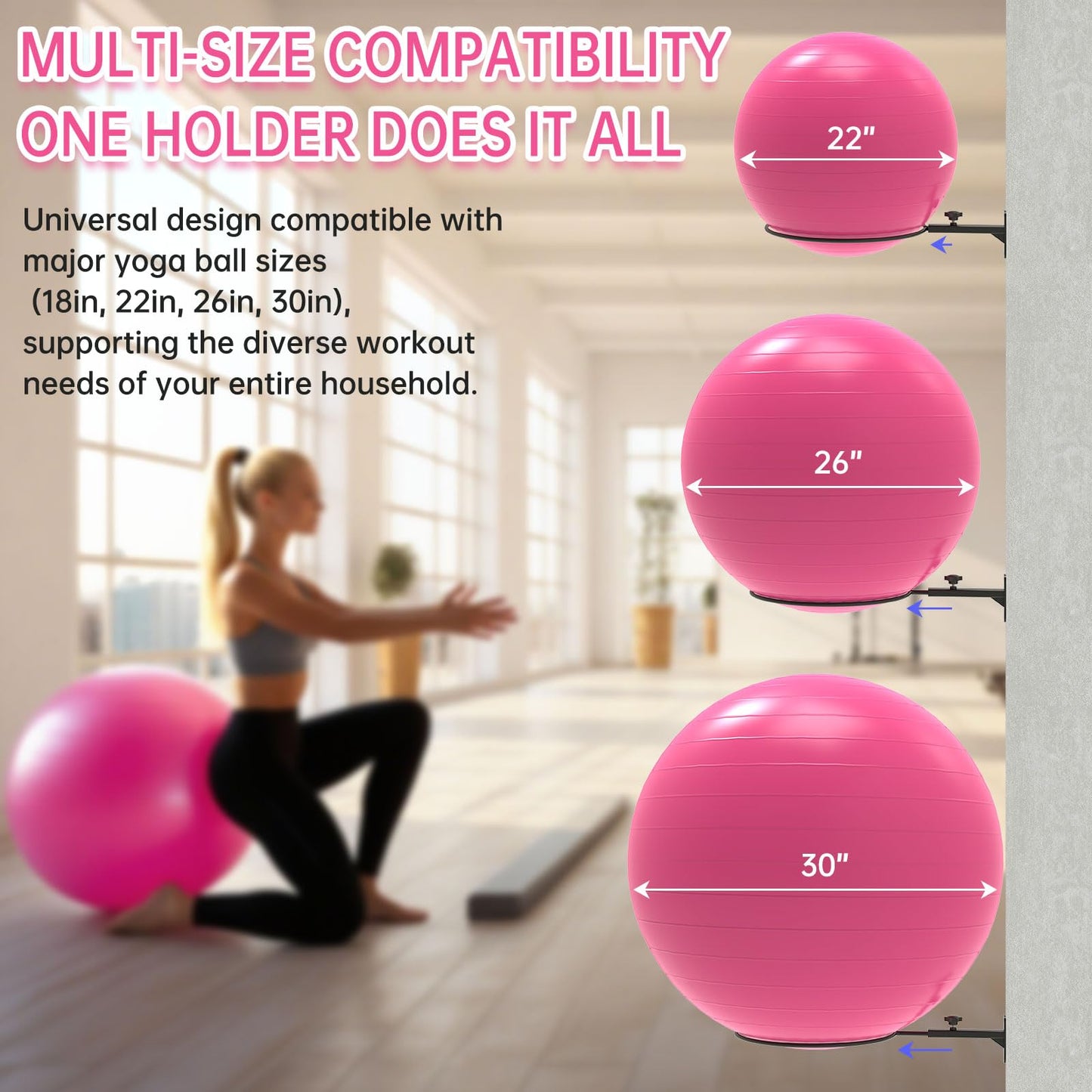KOMOHOM Wall Mount Stability Ball Storage Rack for 26" Large Balls, Adjustable Heavy Duty Exercise Ball Holder for Home Gym, Metal Bracket for Yoga Ball, Swiss Ball, Physio Ball, Medicine Ball