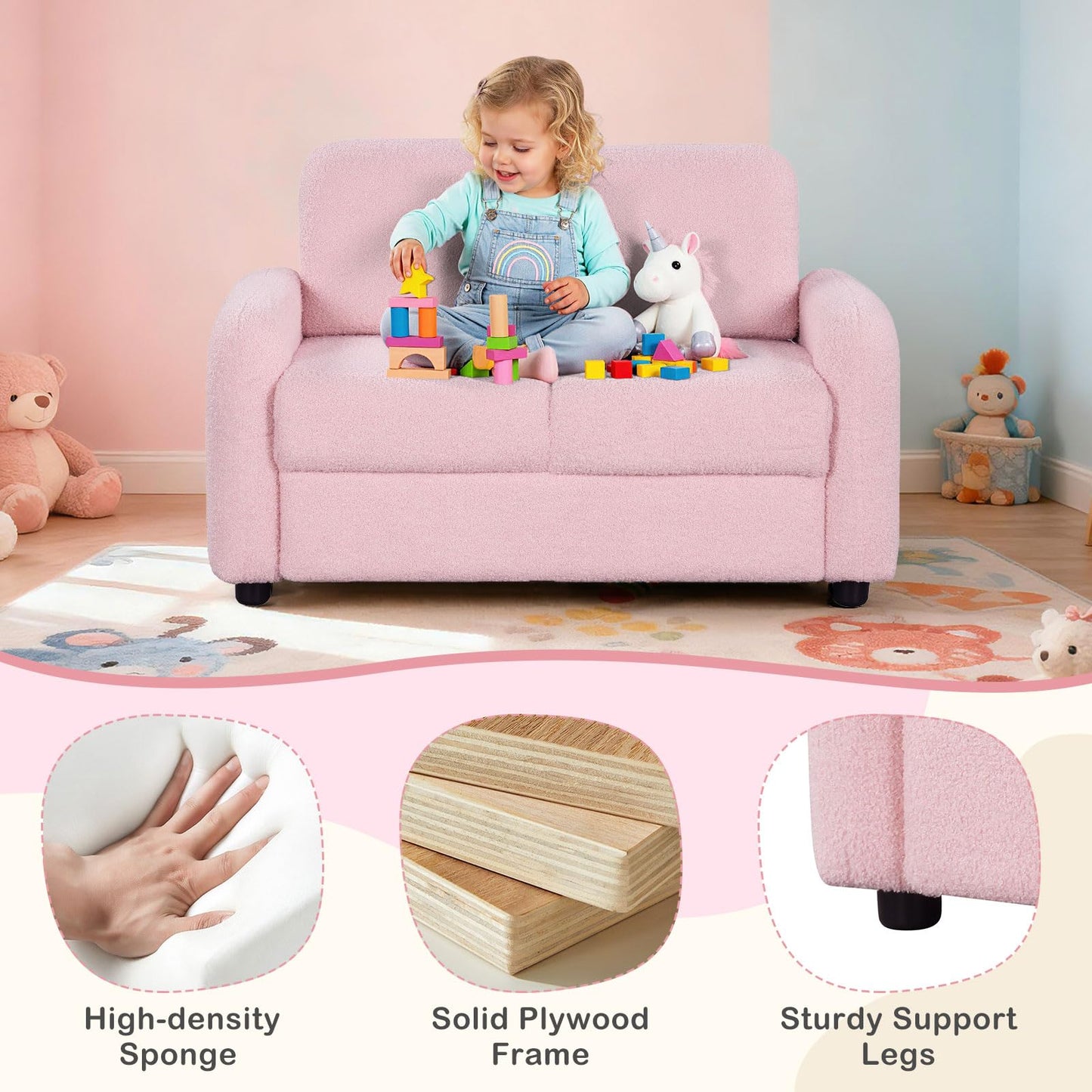 Costzon Kids Couch, 2 Seat Toddler Armrest Chair w/Teddy Fleece Upholstery & Solid Wooden Frame, Double Seat Children's Sofa for Preschool, Bedroom, Playroom, Daycare, Ideal Gift for Girls Boys