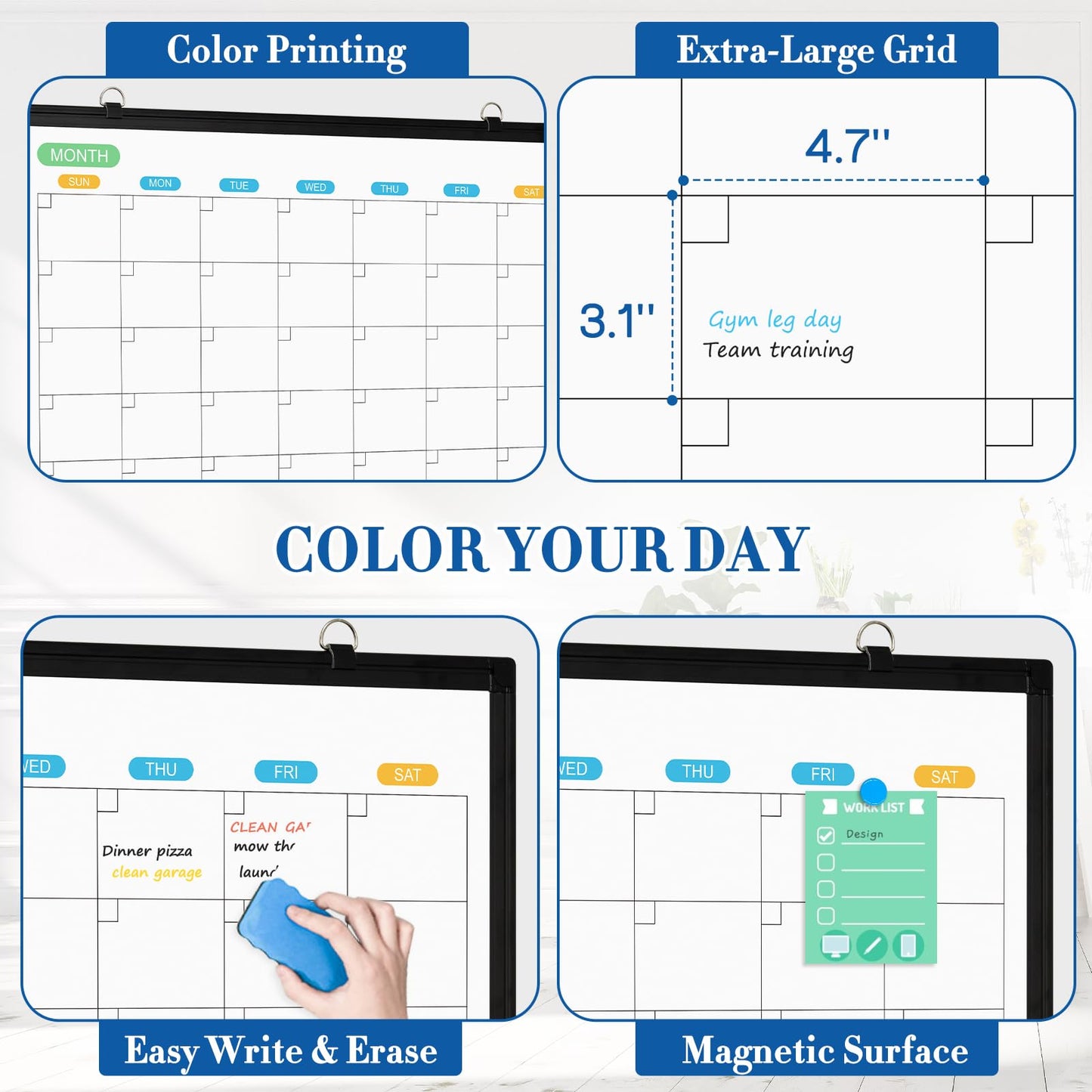 WALGLASS Dry Erase Calendar Whiteboard for Wall, 36" x 24" Double-Sided Monthly Calendar White Board with Black Aluminum Frame, Hanging or Wall Mount Whiteboard for Home, Office, School