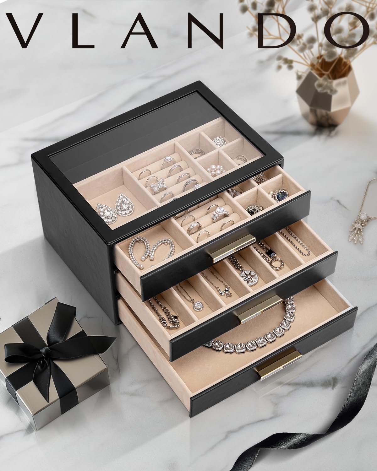 VLANDO Jewelry Box for Women, Glass Lid Jewelry Organizer with 3 Drawers for Necklaces Rings Earrings Bracelets - Black