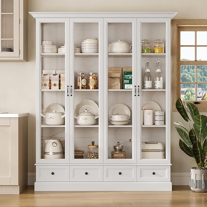 78" Large Storage Cabinet with Glass Doors, China Hutch, Farmhouse Kitchen