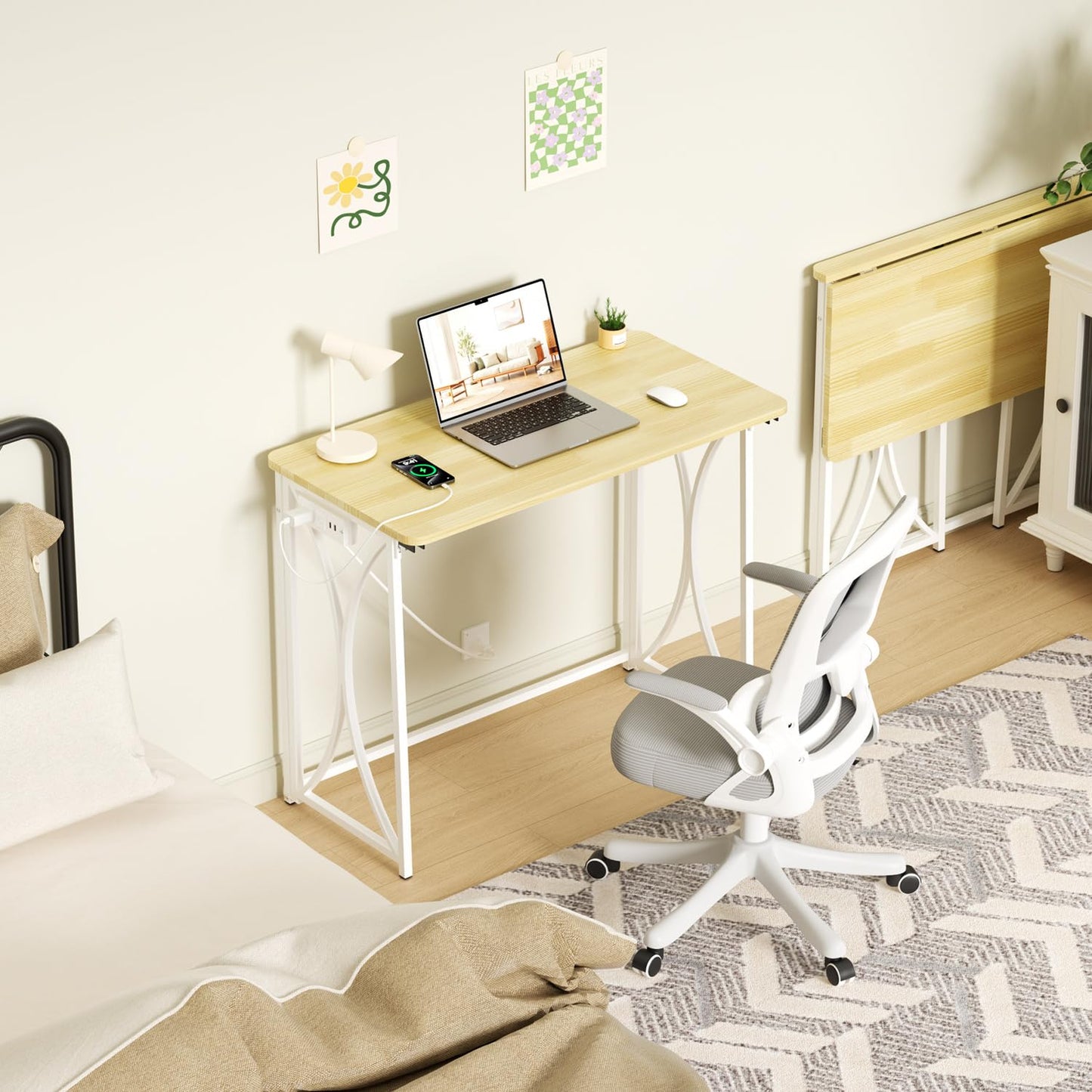 coeztt Mini Desk, 31.5" Small Desk for Bedroom with Power Outlet, Foldable Desks for Small Spaces & Home Office, Easy Assembly, Beige Floor Patten