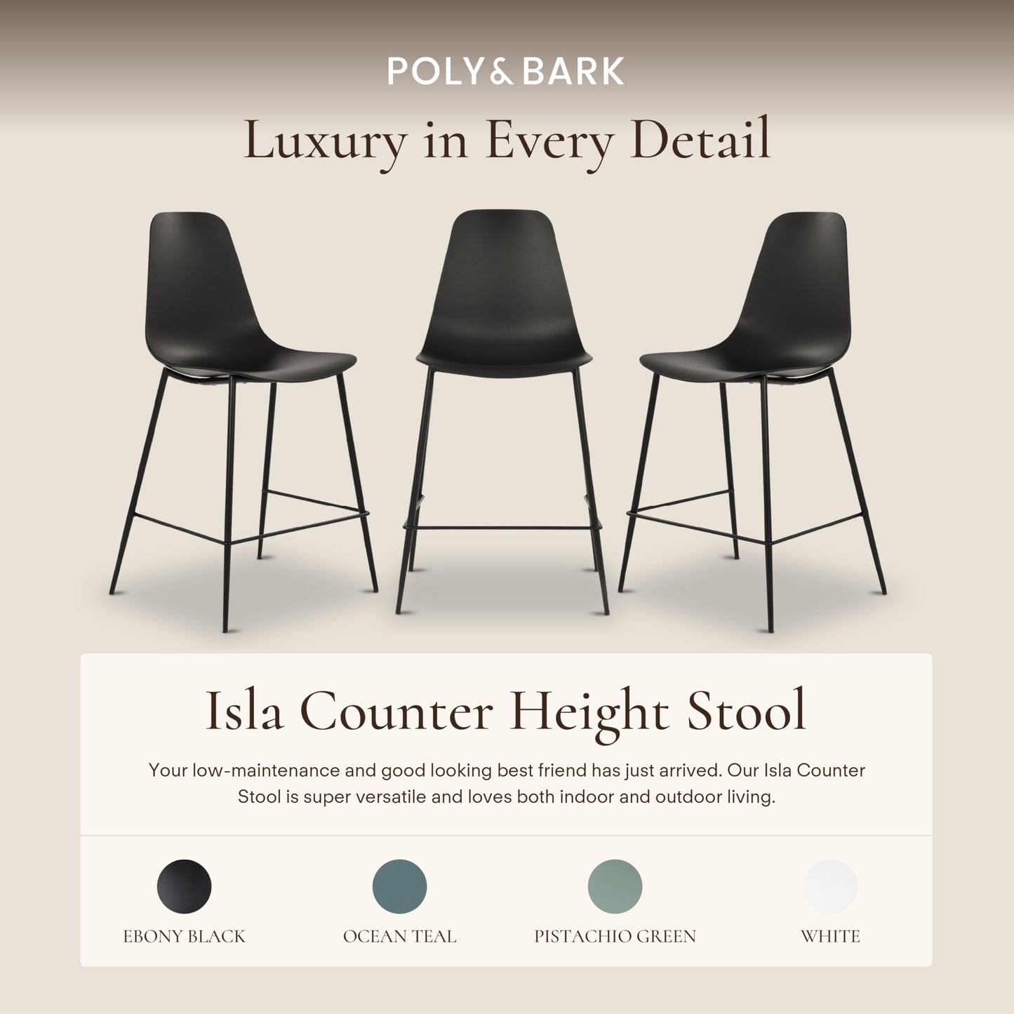 Poly & BARK Isla Bar Stools Set of 3 – Counter Height Bar Stool for Kitchen – Set of Counter Stools – Indoor/Outdoor Barstools – Modern Kitchen Bar Stools - Ebony Black