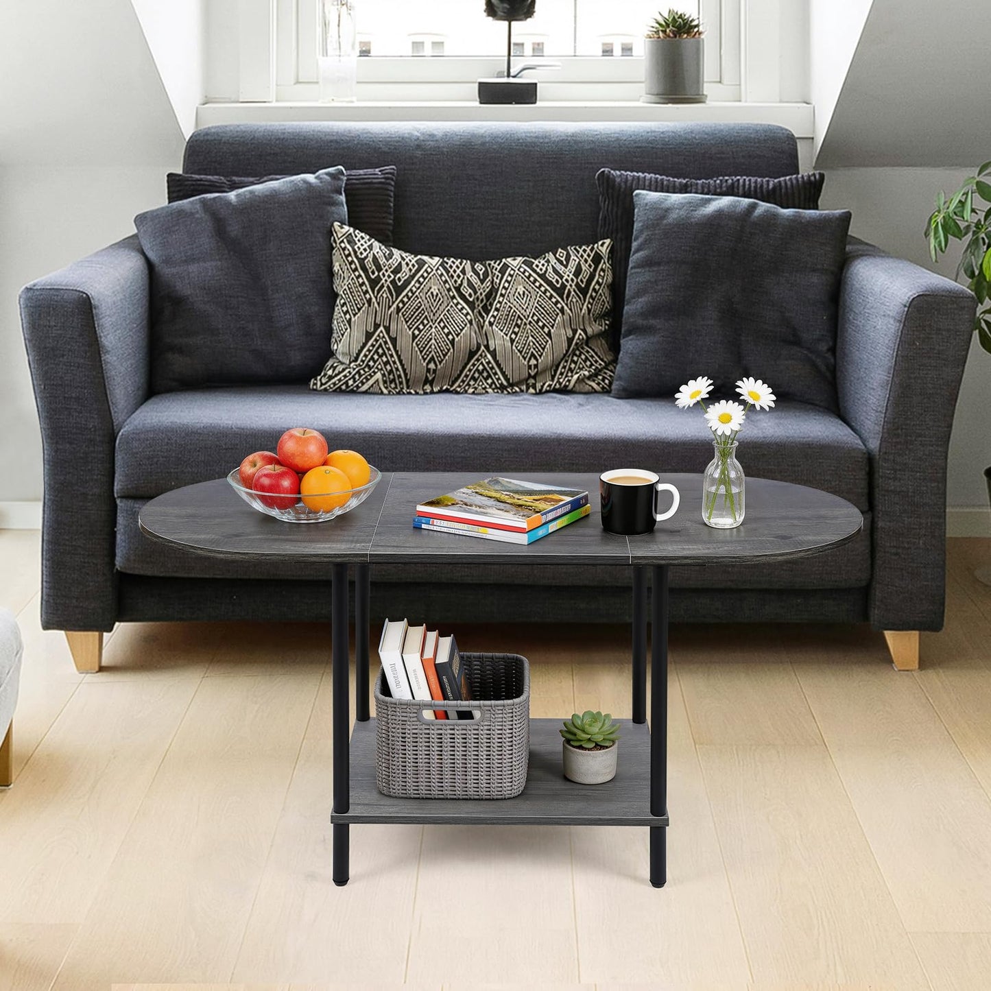 KANEODOT Small Coffee Table,35.4'' Oval Coffee Table with Storage Shelf & Metal Frame,Low Cocktail Tea Accent Table for Apartment,Modern Mid Century Small Living Room Table,Dark Gray