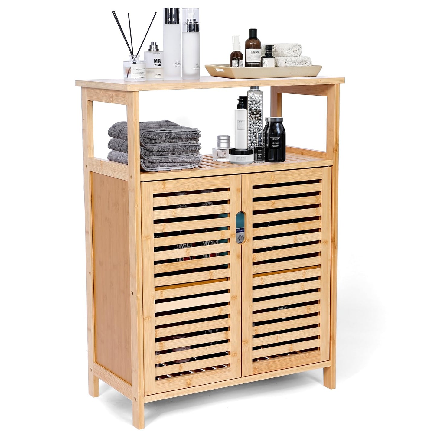 Bambition Bamboo Storage Cabinet with Doors, Floor Freestanding Cabinet with Shelves for Bathroom, Kitchen, Living Room
