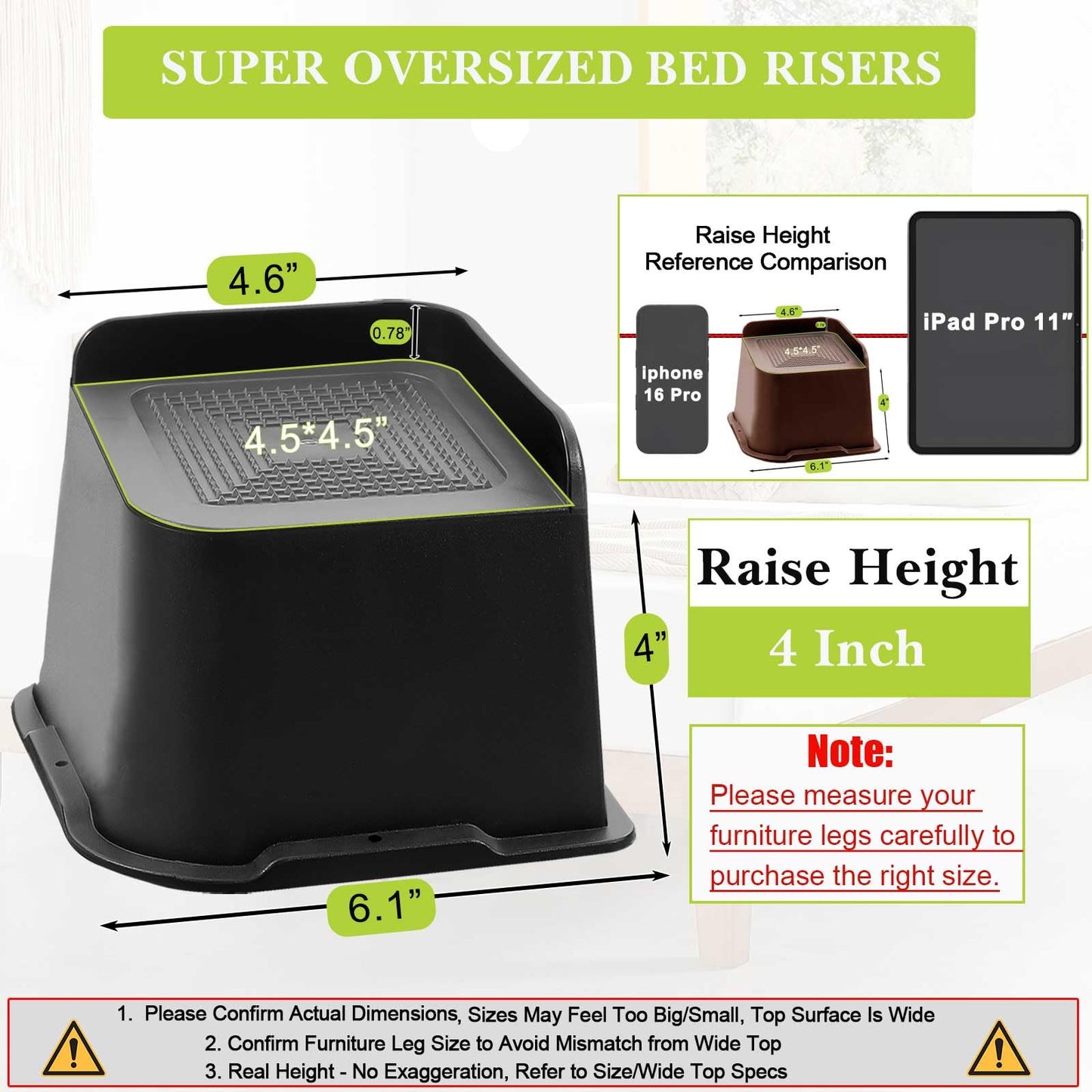 Yookwutar Bed Risers 2 inch, 3 inch, 4 inch, 6 inch, 8 inch Heavy Duty, Oversized Furniture Riser for Couch Sofa Table Chair Leg Frame Dorm, Support up to 6000 Lbs (Black 4 Pack, 4 inch)