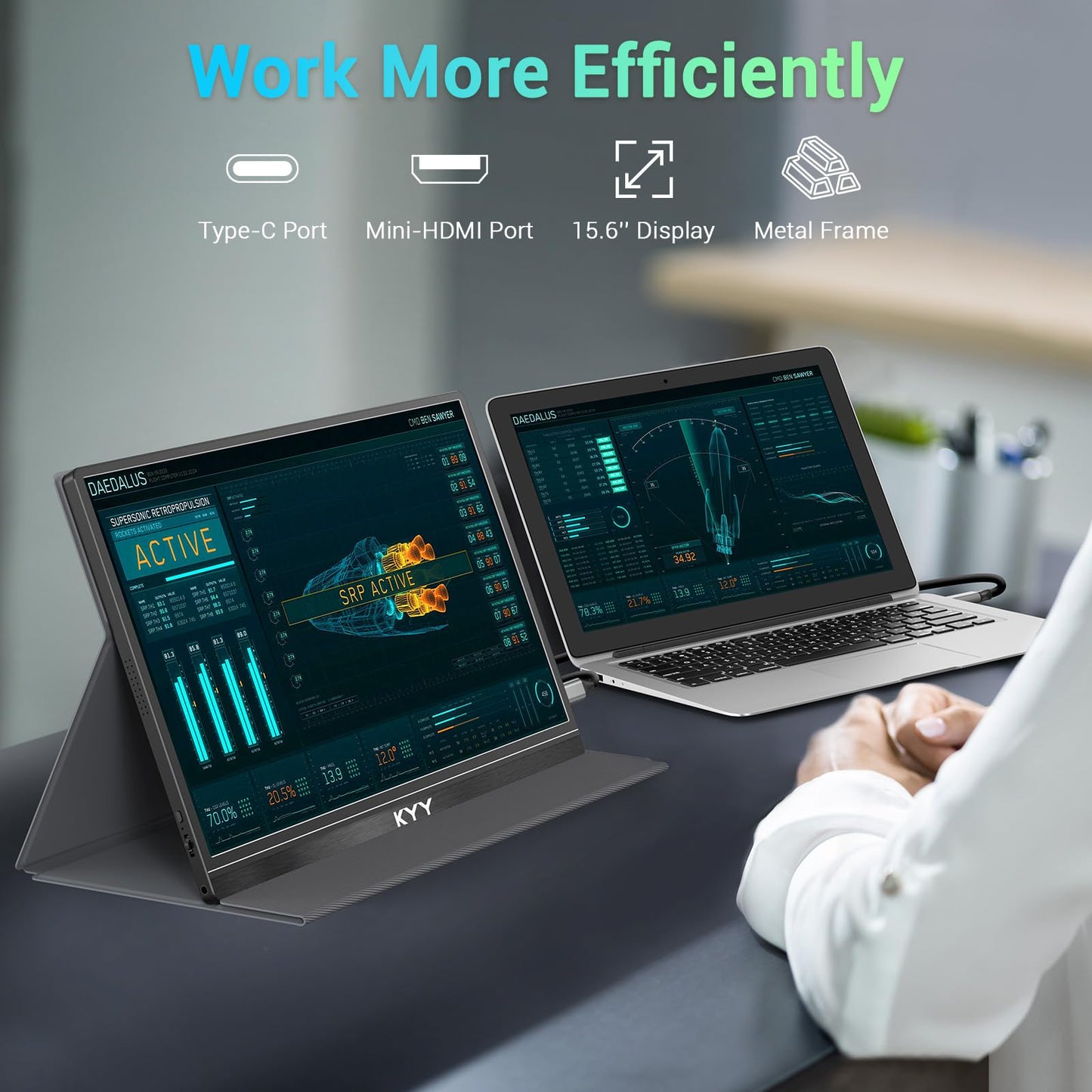 KYY Portable Monitor 15.6'' FHD 1080P USB C HDMI Gaming Monitor Ultra-Slim IPS Display w/Smart Cover & Speakers, Plug&Play, External Monitor for Laptop PC Phone Mac Xbox PS4