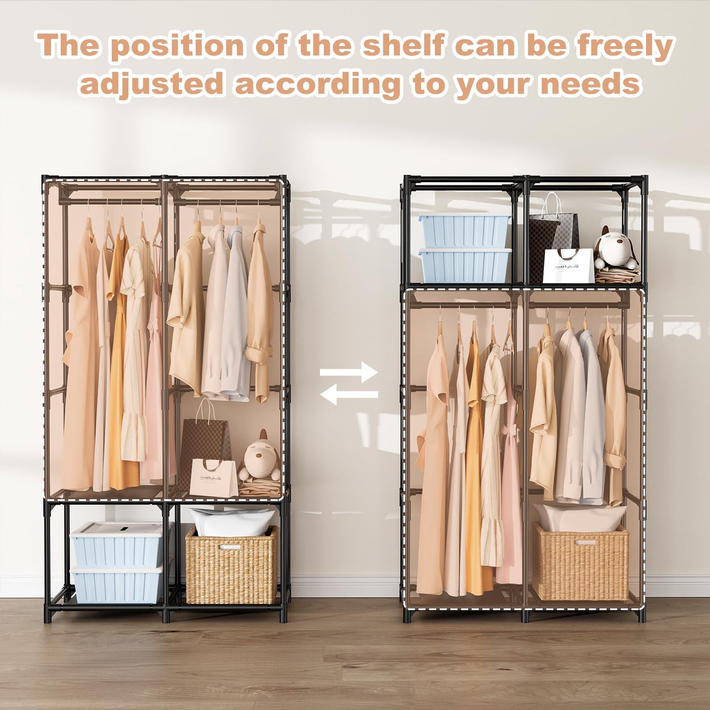 BrFoYu Portable Closet for Hanging Clothes, Portable Wardrobe Closet with Cover, 4 Storage Shelves, 2 Hanging Rods and 8 Side Pockets, Easy Assembly and Sturdy Free Standing Closet for Bedroom, Black