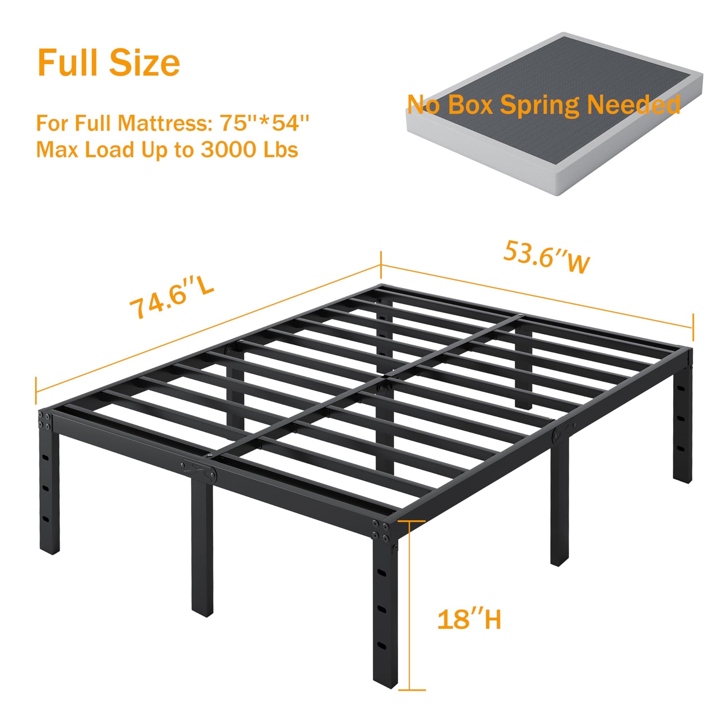 SHLAND Full Size Bed Frame, 18 Inch Heavy Duty Metal Platform Bed Frame, No Box Spring Needed, Mattress Foundation, Storage Space, No Noise, Easy Assembly
