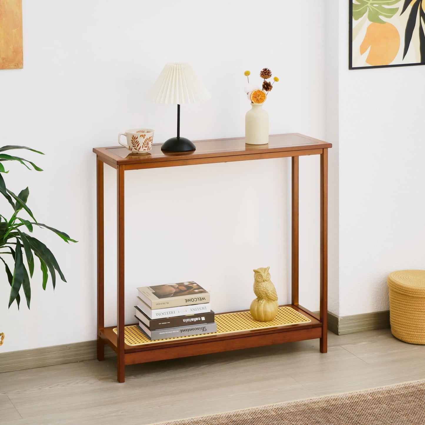 Mordchil HF Bamboo Narrow Console Table, 31.5"(L) Wood Small Entryway Table with Rattan and Glass, Accent Slim Hallway Tables, Thin Sofa Side Tables for Hallway, Living Room, Bedroom, Foyer, Walnut
