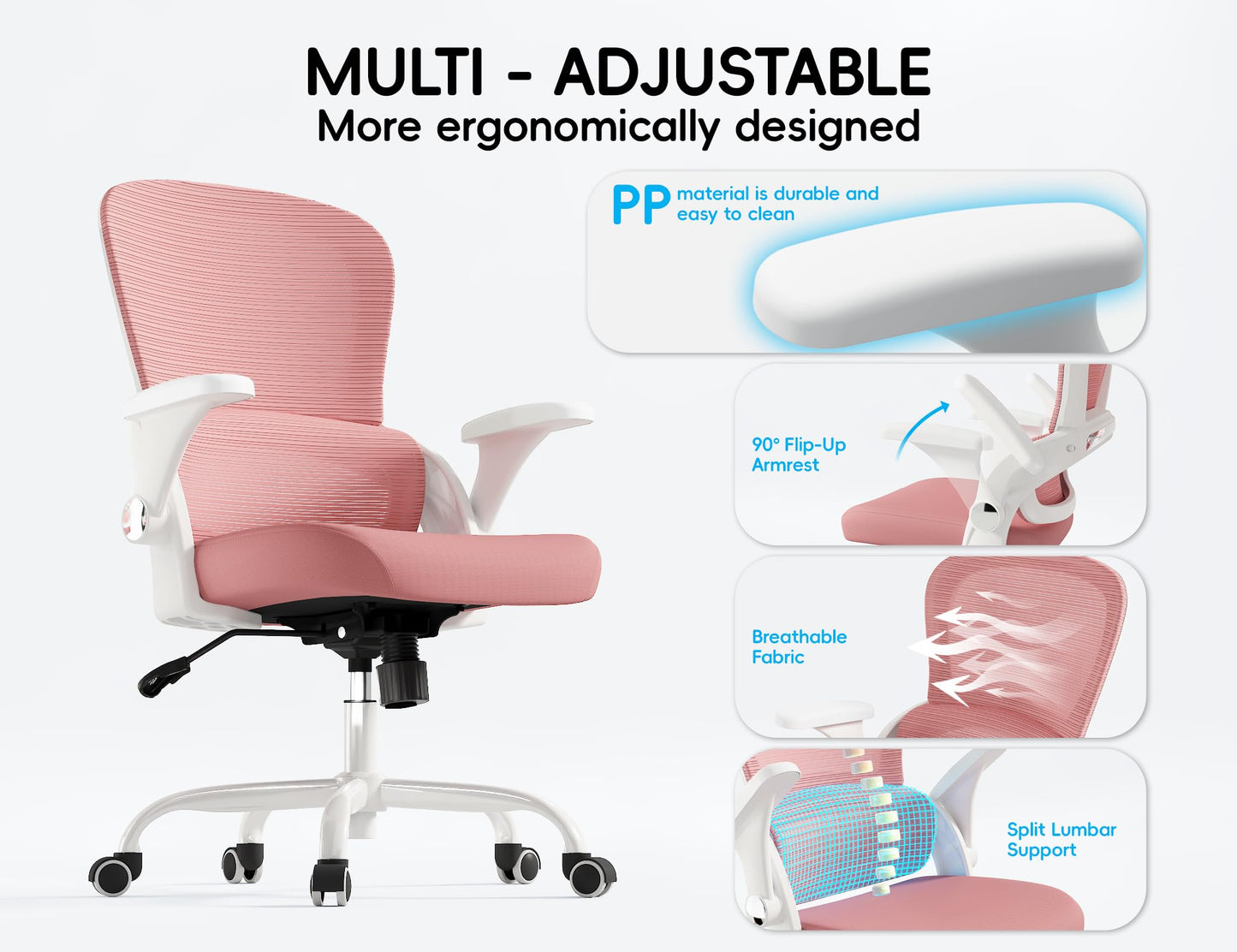 TRALT Office Chair - Ergonomic Office Chair with Back Support, Home Office Desk Chairs, Comfy Desk Chair, Computer Chair, 330lbs Wide Seat Big and Tall Office Chairs for Students (Pink)