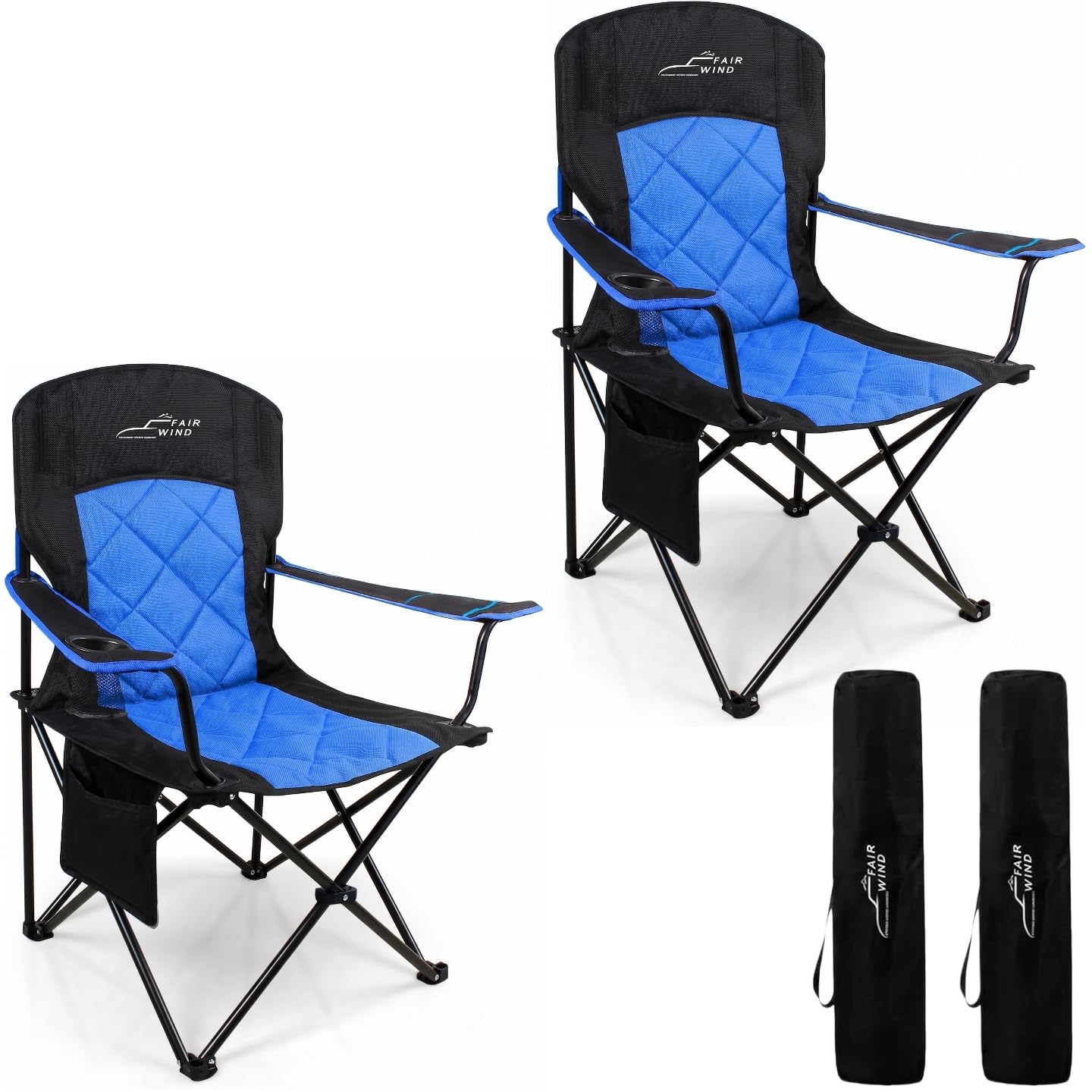 FAIR WIND Camping Chair 2 Pack 400 LBS Capacity Fully Padded Portable Chair with Side Pocket & Cup Holder, Heavy Duty Lawn Chair for Outside, Tailgating,Beach, Sports