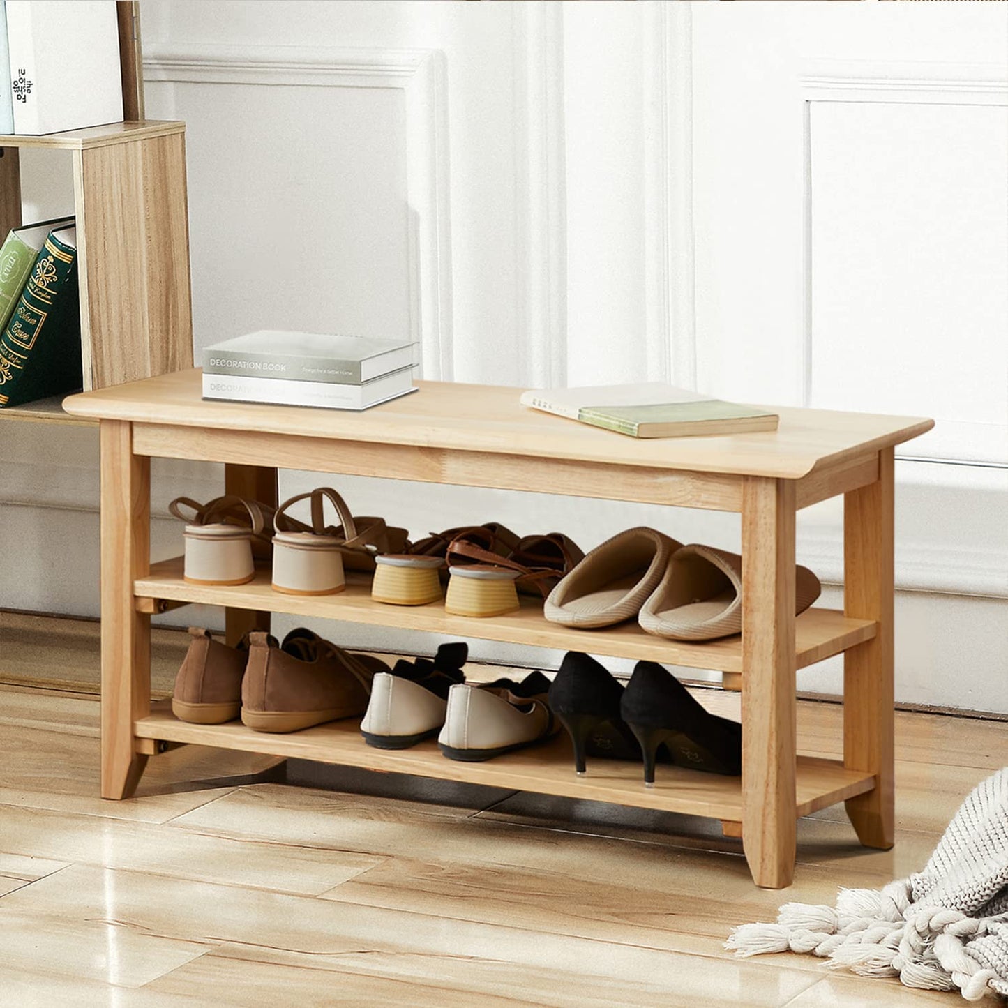 Dewfig Shoe Rack Bench, 3-Tier Shoe Shelf Organizer,6-Pairs Entryway Storage Bench for Hallway, Bedroom, Living Room, Bedroom, Hold up to 550 lbs, Solid Wood, Natural