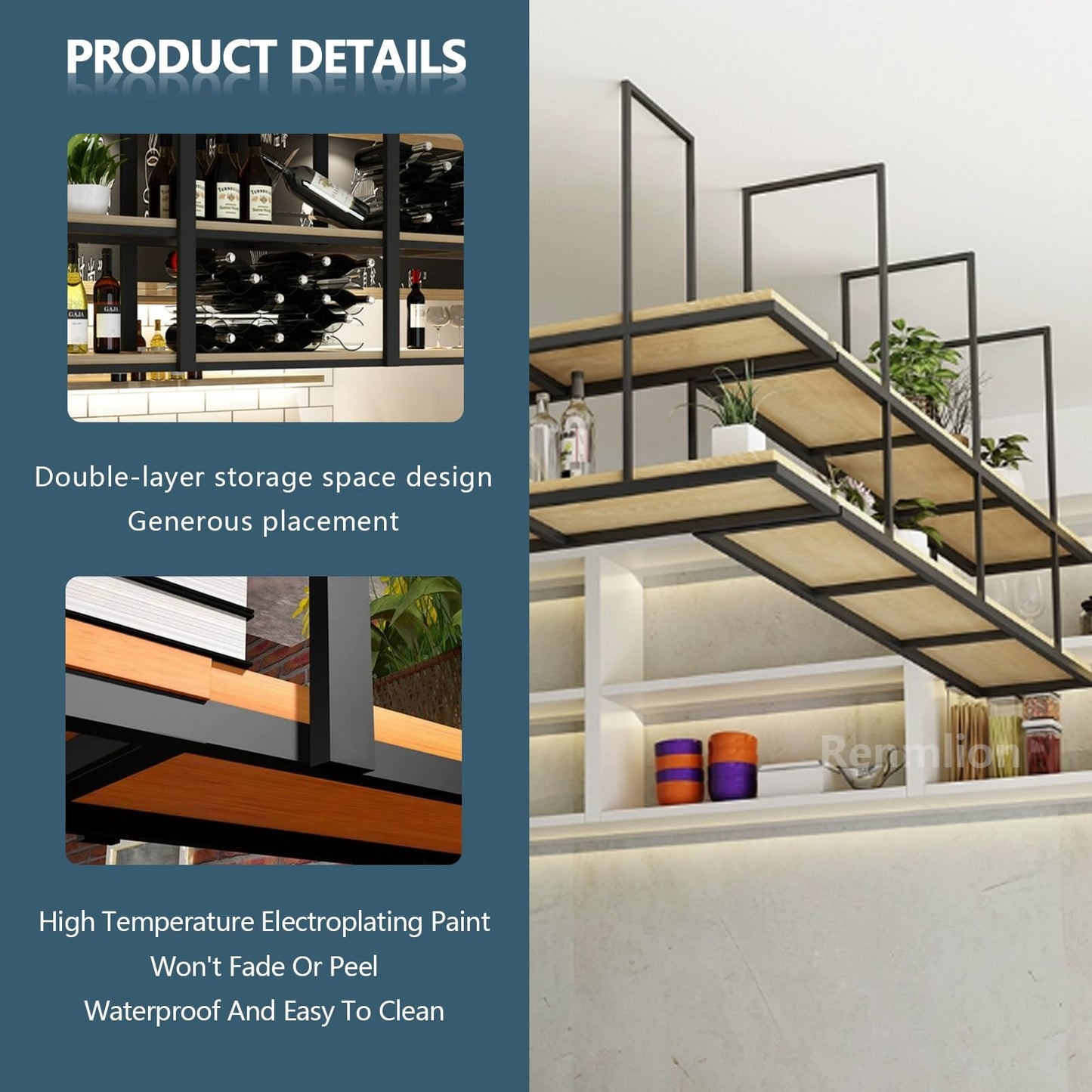 TELAIUS Ceiling Hanging Wine Rack, 2 Tiers Floating Shelves Wooden Decorations Display Rack Metal Plant Flower Pot Stand Wall Mounted Storage Shelving for Bar Cafe Kitchen(80x30x80cm)