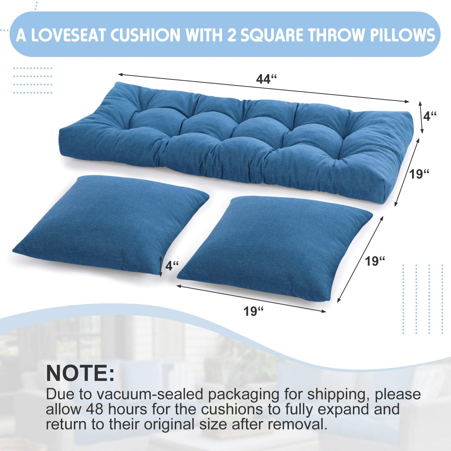 Wenqik 3 Pcs Outdoor Bench Cushion Set 44x19 in Waterproof Tufted Patio Cushion Loveseat Seat Pad with 2 Throw Pillows Memory Foam Settee Pad for Indoor Sofa Wicker Couch Window Seat(44x19 in,Blue)