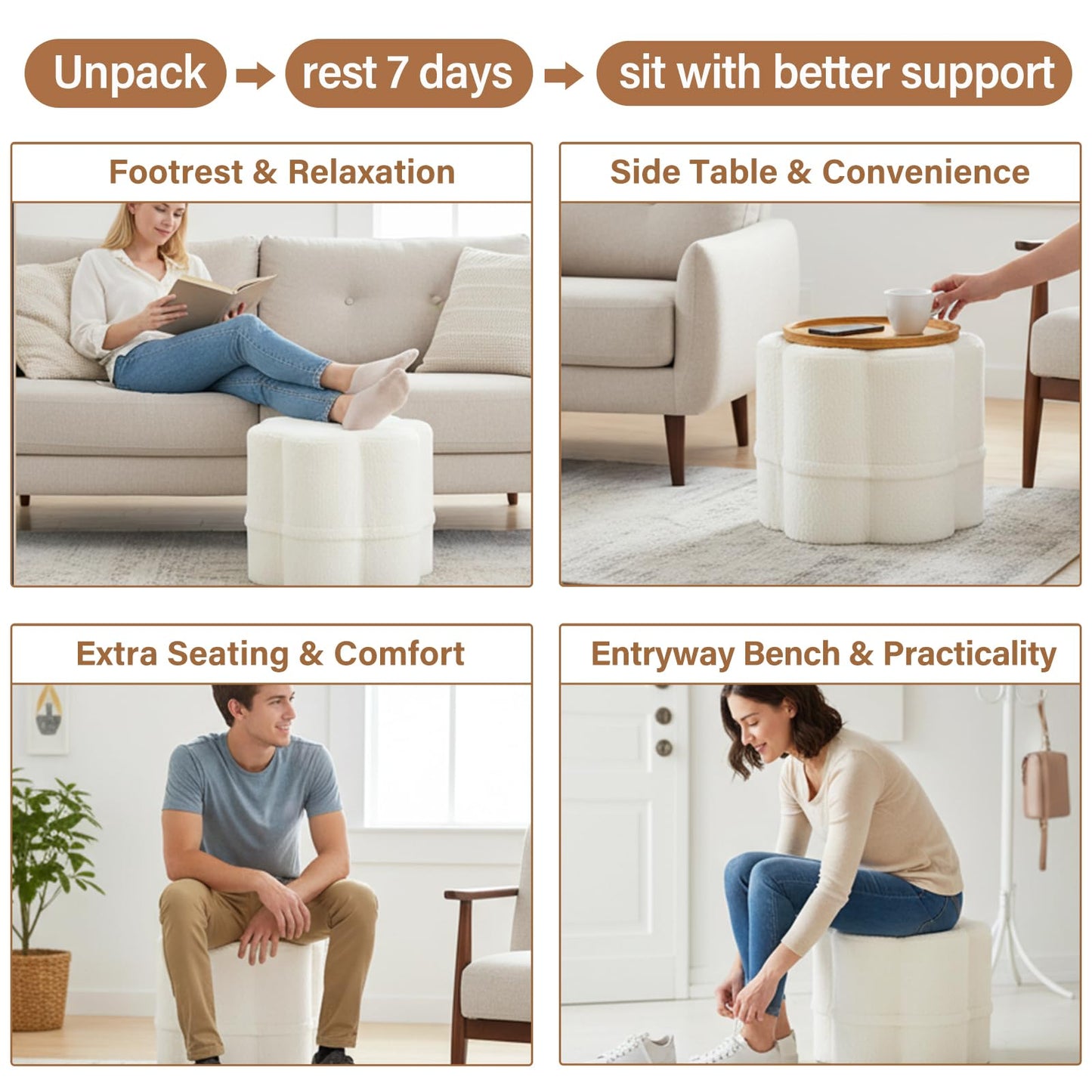 Tiita Floral Pouf Ottoman, Foot Stools Ottoman with Foam Chunk Filling, Puff Foot Rest for Couch, Living Room, Kids Room, Cream