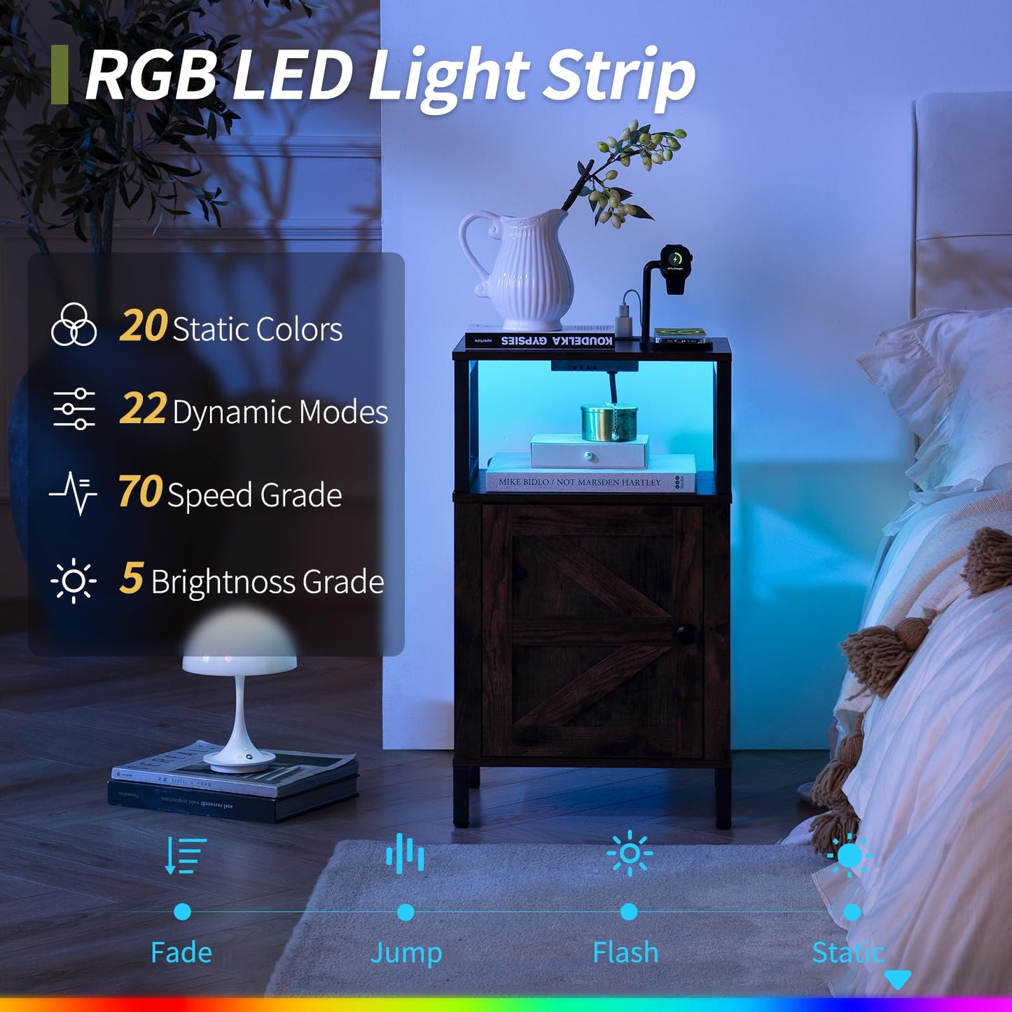 Yoobure Farmhouse NightStand with Charging Station，Wood Night Stand End Table with USB Ports, LED Bed Side Table with Storage Cabinet，Bedside Table for Bedroom, Living Room Rustic Brown