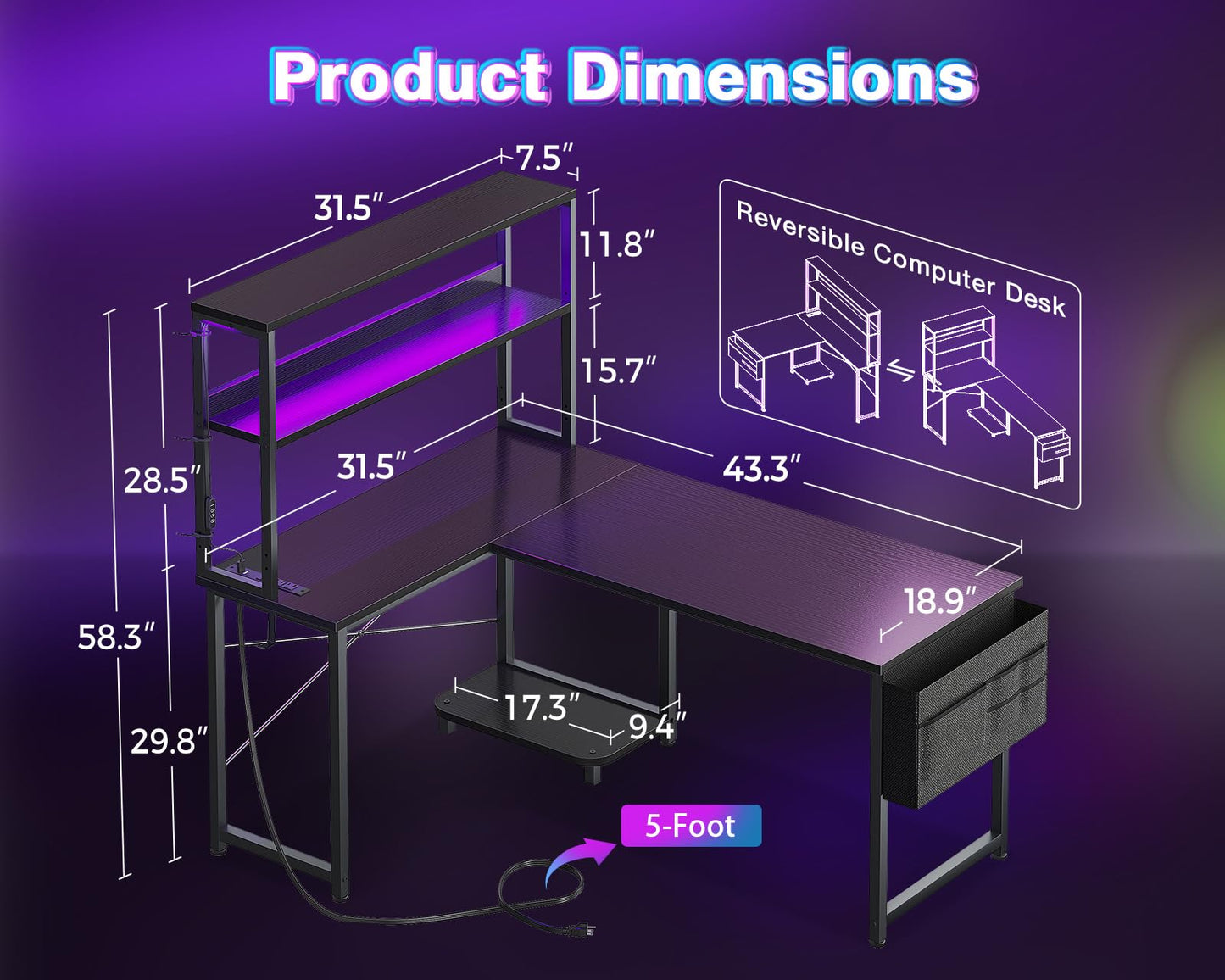 AODK L Shaped Desk Gaming Desk with LED Light & Power Outlet, 43 Inch Reversible L Shaped Computer Table with Shelf, Corner Desk with Storage Bag&Hook for Home Office Desk, Black