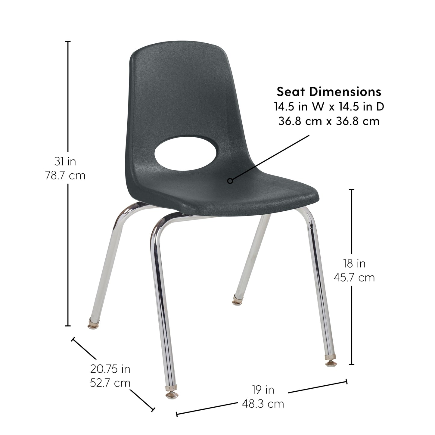 FDP 18" School Stack Chair, Stacking Student Seat with Chromed Steel Legs and Nylon Swivel Glides For In-Home Learning, Classroom or Office - Black (5-Pack), 10371-BK