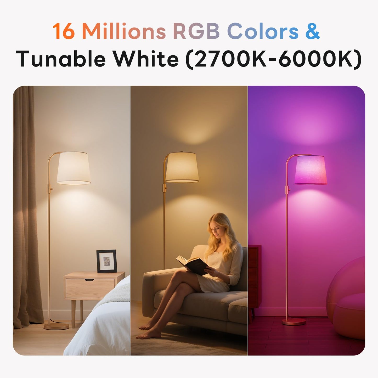VARICART Smart Arc Floor Lamp, 65" Compatible with Alexa & App Control, RGB Color-Changing & 2700K-6000K, 1%-100% Dimmable, Music Sync, 1200lm, 350° Swivel Woven Linen Shade, No Registration Required