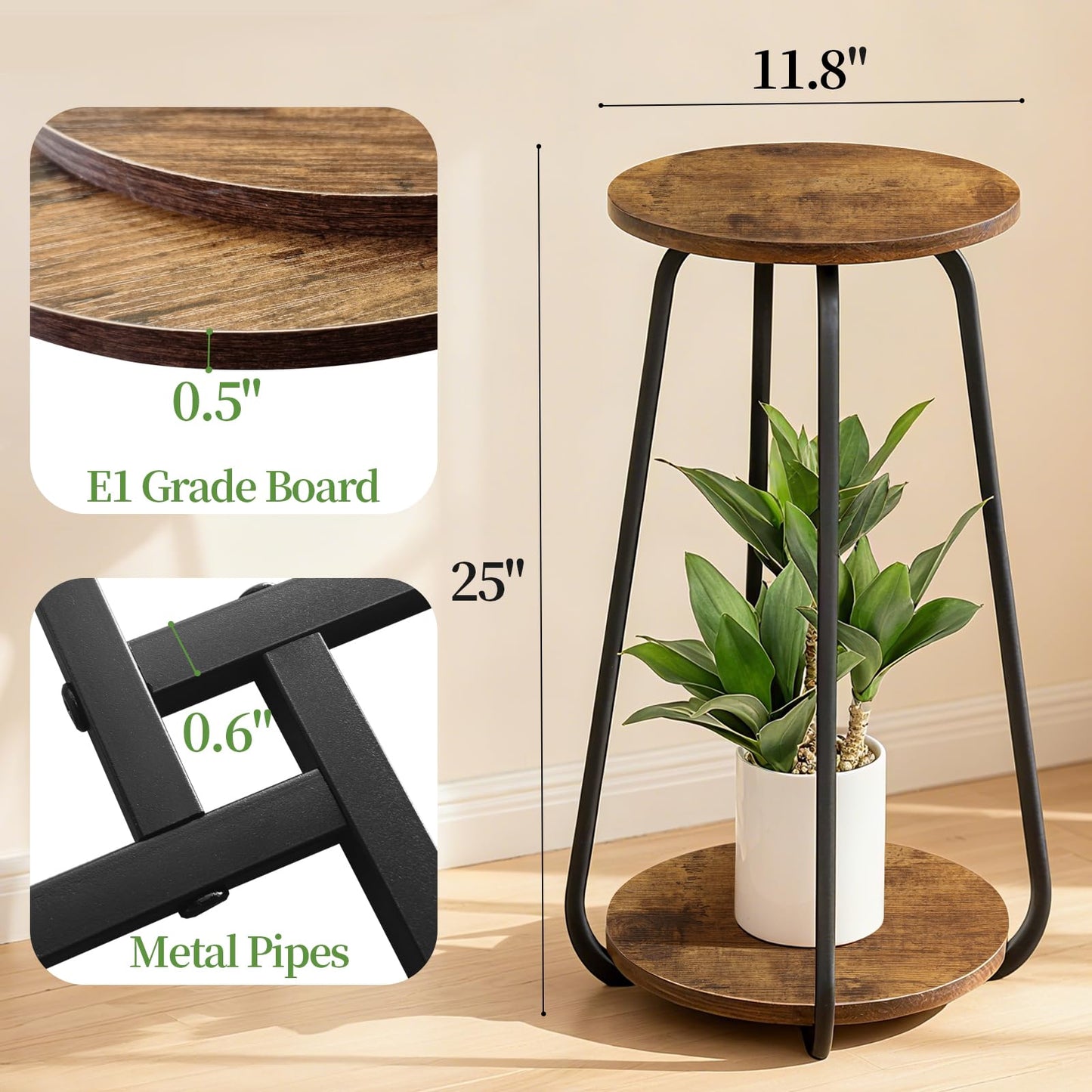 OugeWood Plant Stand Indoor, 2 Tier Plant Shelf Pedestal Stand Flower Stand, Metal Wood Plant Stands for Indoor Plants Living Room Balcony Deck Garden