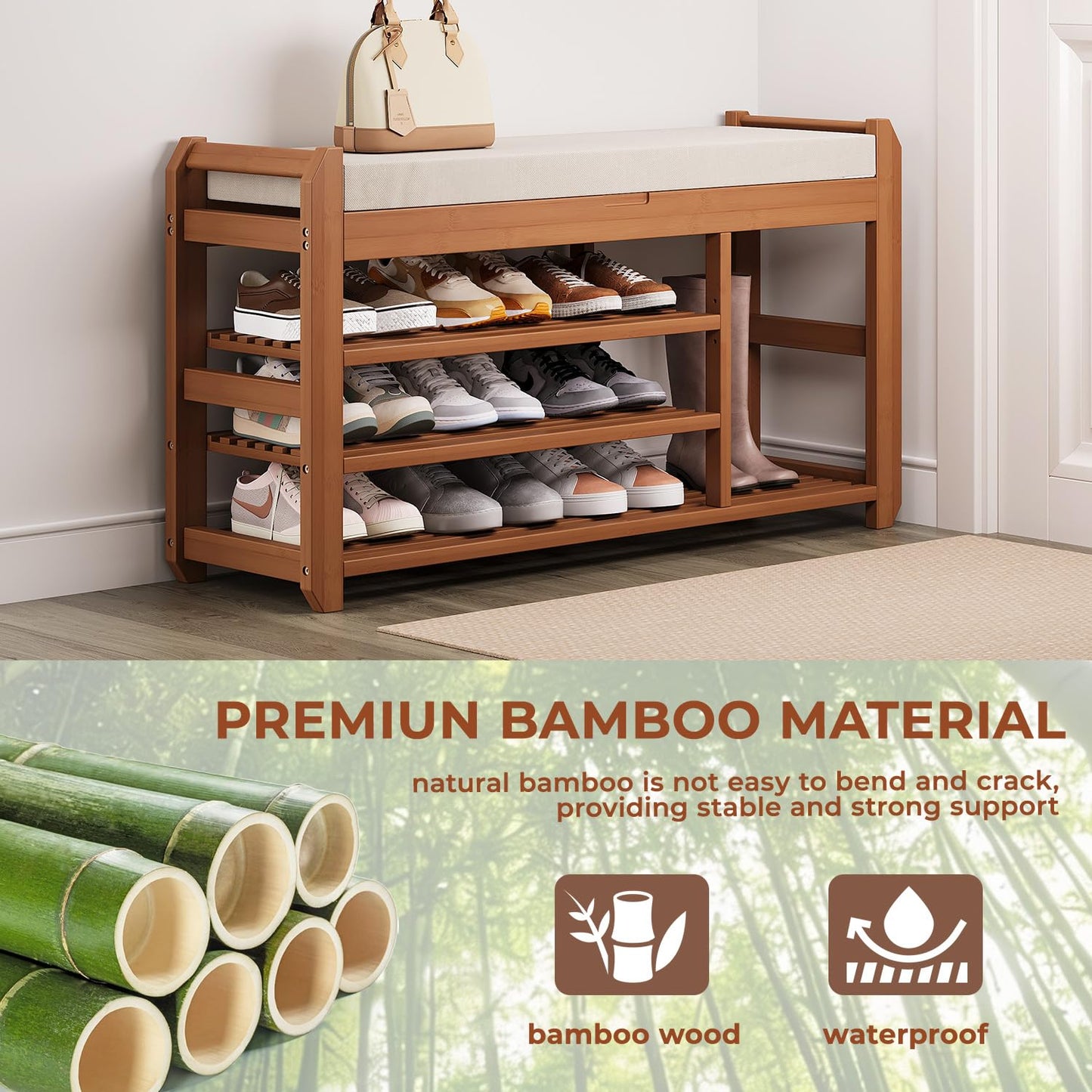 ACSWOD 39.4" Bamboo Shoe Bench with Cushion, 6 Hooks Coat Rack, 3-Tier Adjustable Storage Bench for Entryway, Heavy Duty Shoe Rack Organizer with Removable Soft Cushion for Living Room Bedroom Hallway