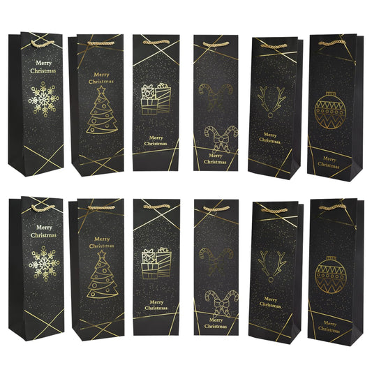 Uptotop Christmas Bottle Bags, 12 Pack Gold Foil Christmas Wine Gift Bags, Xmas Kraft Paper Bags with Rope Handles for Holiday Party Gift Giving