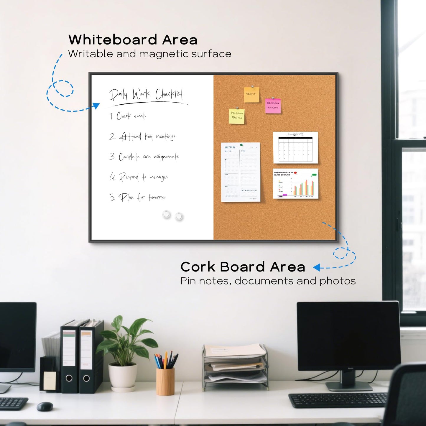 QUEENLINK White Board Cork Board Combo, 36'' x 24'', Magnetic Dry Erase Board and Pin Board for Wall, Black Aluminum Frame Bulletin Board for Home Office School with Accessories