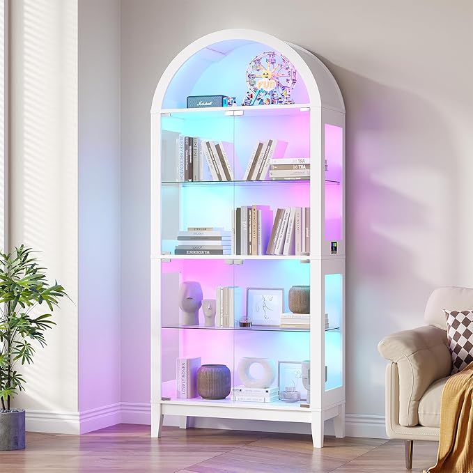 HNEBC Arched Display Case with RGB Lights, LED Curio Cabinet with Shelf