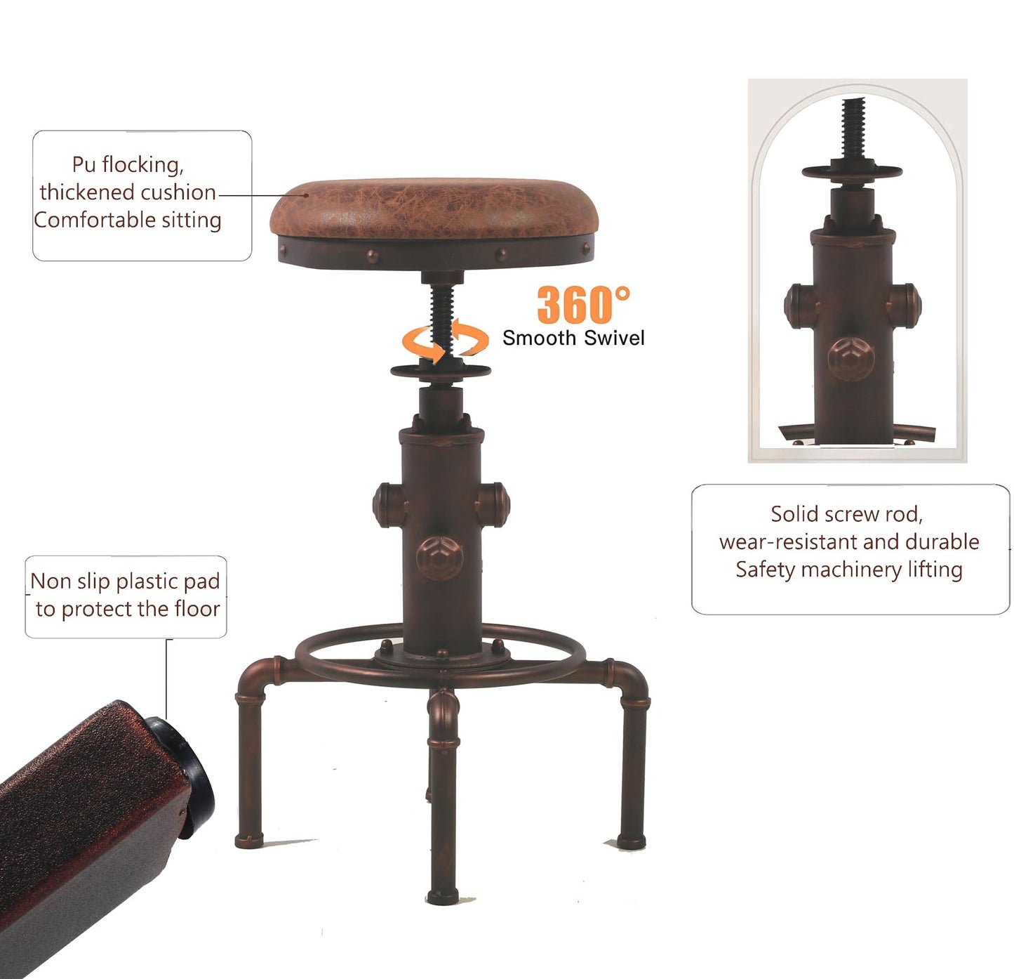 Topower Antique Vintage Industrial Barstool PU Leather Water Pipe Fire Hydrant Design Cafe Coffee Industrial Bar Stool Set of 2 Red Bronze