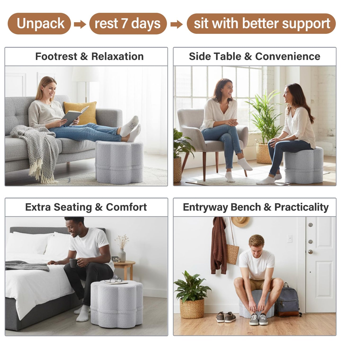 Tiita Floral Pouf Ottoman, Foot Stools Ottoman with Foam Chunk Filling, Puff Foot Rest for Couch, Living Room, Kids Room, Grey