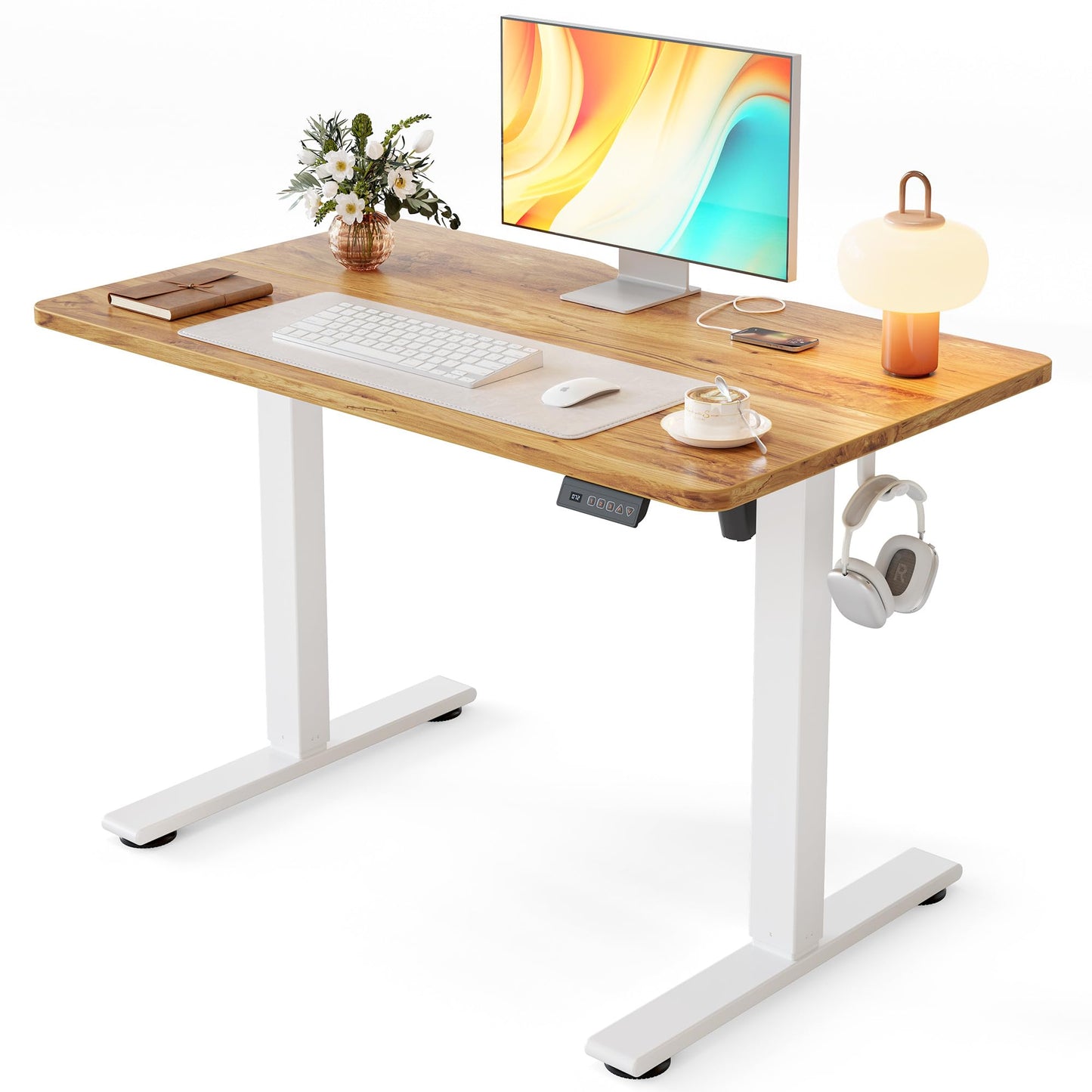 Cubiker Standing Desk, 40x24 Inches Sit Stand Home Office Desk, Electric Stand up Desk, Adjustable Desk with Splice Board, White Frame/Light Rustic Top
