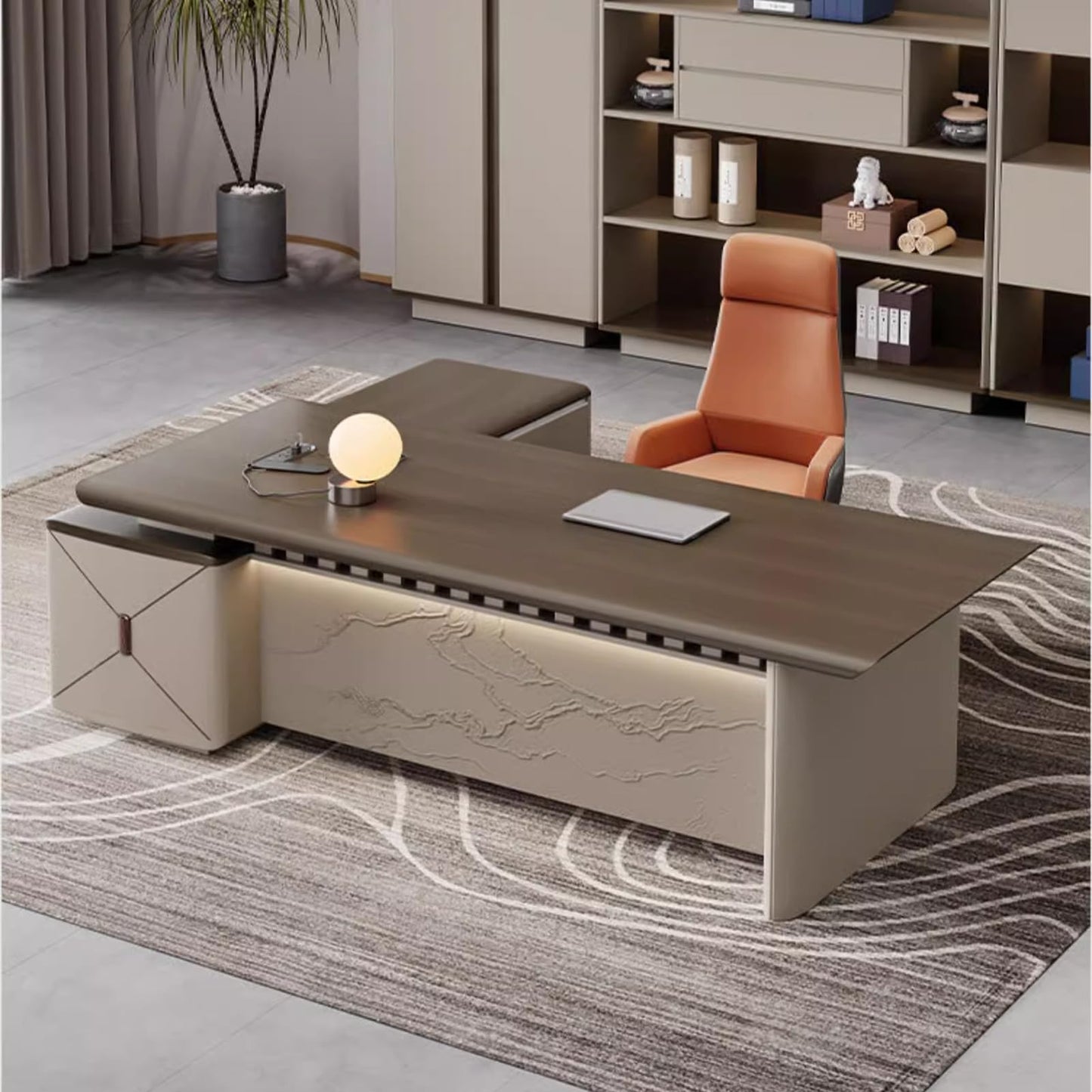 LSIGHTUS Wood L-Shaped Executive Office Desk, Computer Desk Modern Computer Desk with Lateral Cabinet Business Furniture Set for CEO Boss