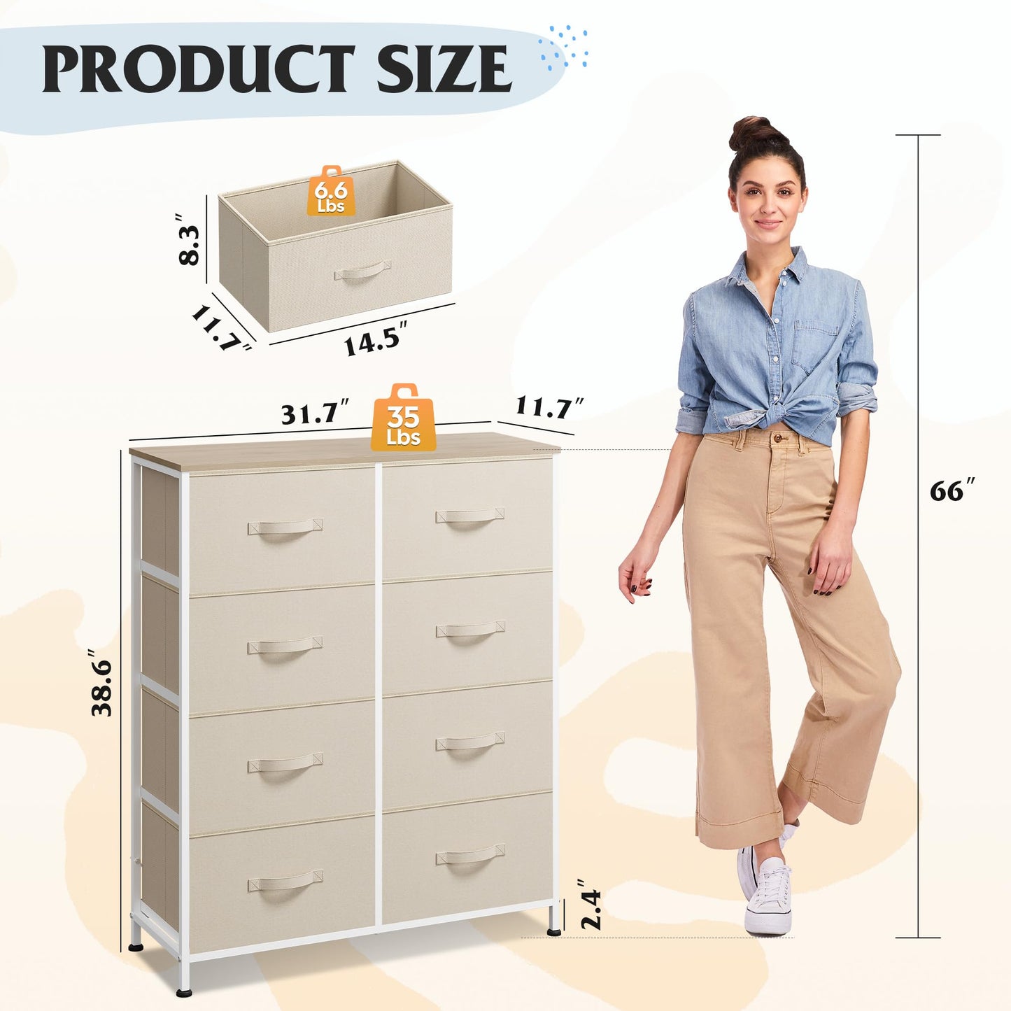 WLIVE Fabric Dresser for Bedroom, Tall Dresser with 8 Drawers, Storage Tower with Fabric Bins, Double Dresser, Chest of Drawers for Closet, Playroom, Dormitory, Cream White