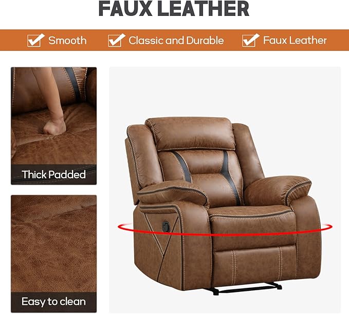EBELLO Faux Leather Manual Recliner Chair, Modern Design Single Reclining Sofa