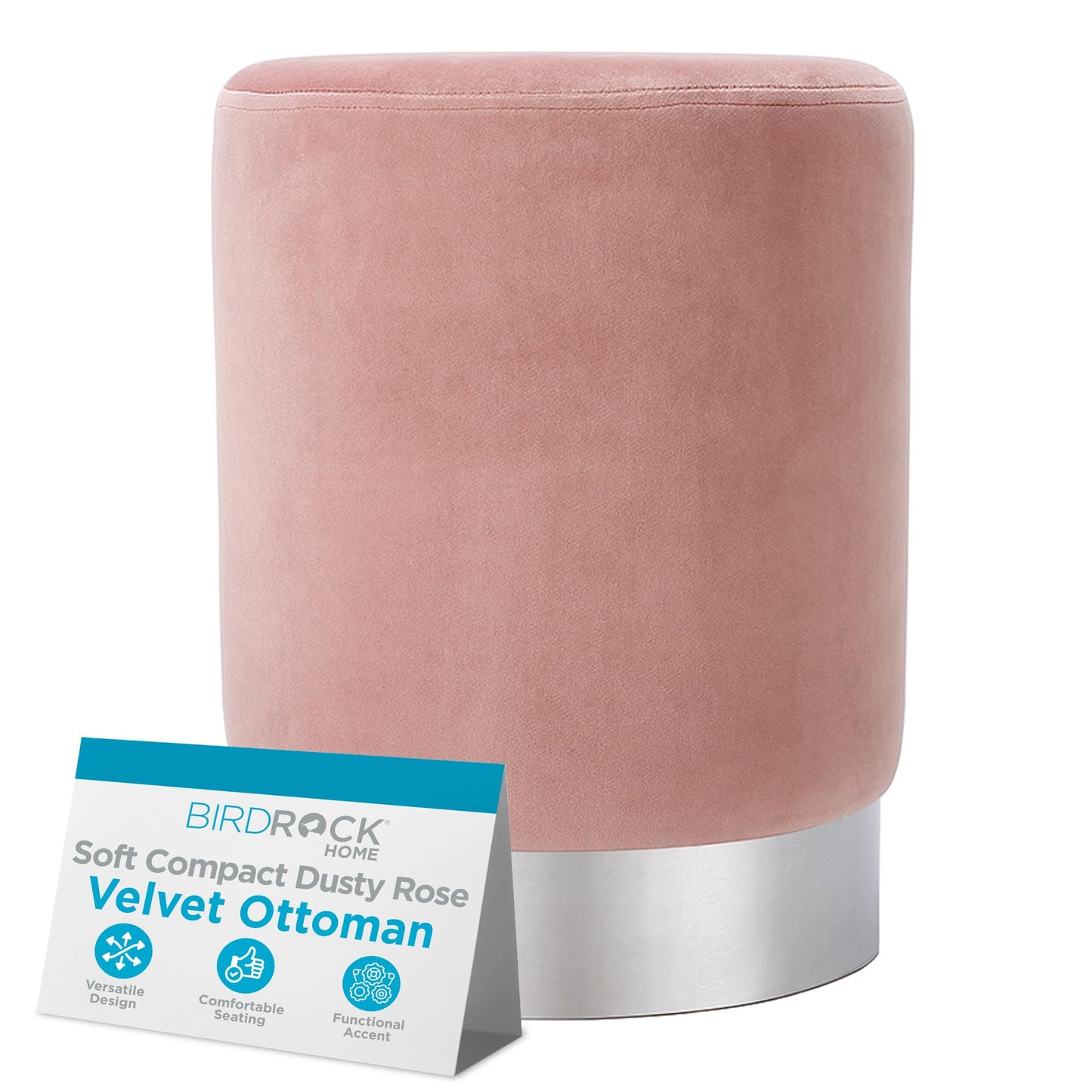 BIRDROCK HOME Round Ottoman Foot Stool – Modern Soft Padded Velvet Vanity Chair with Silver Metal Trim – Accent Chair or Foot Rest for Living Room, Bedroom, or Dressing Room (Dusty Rose)