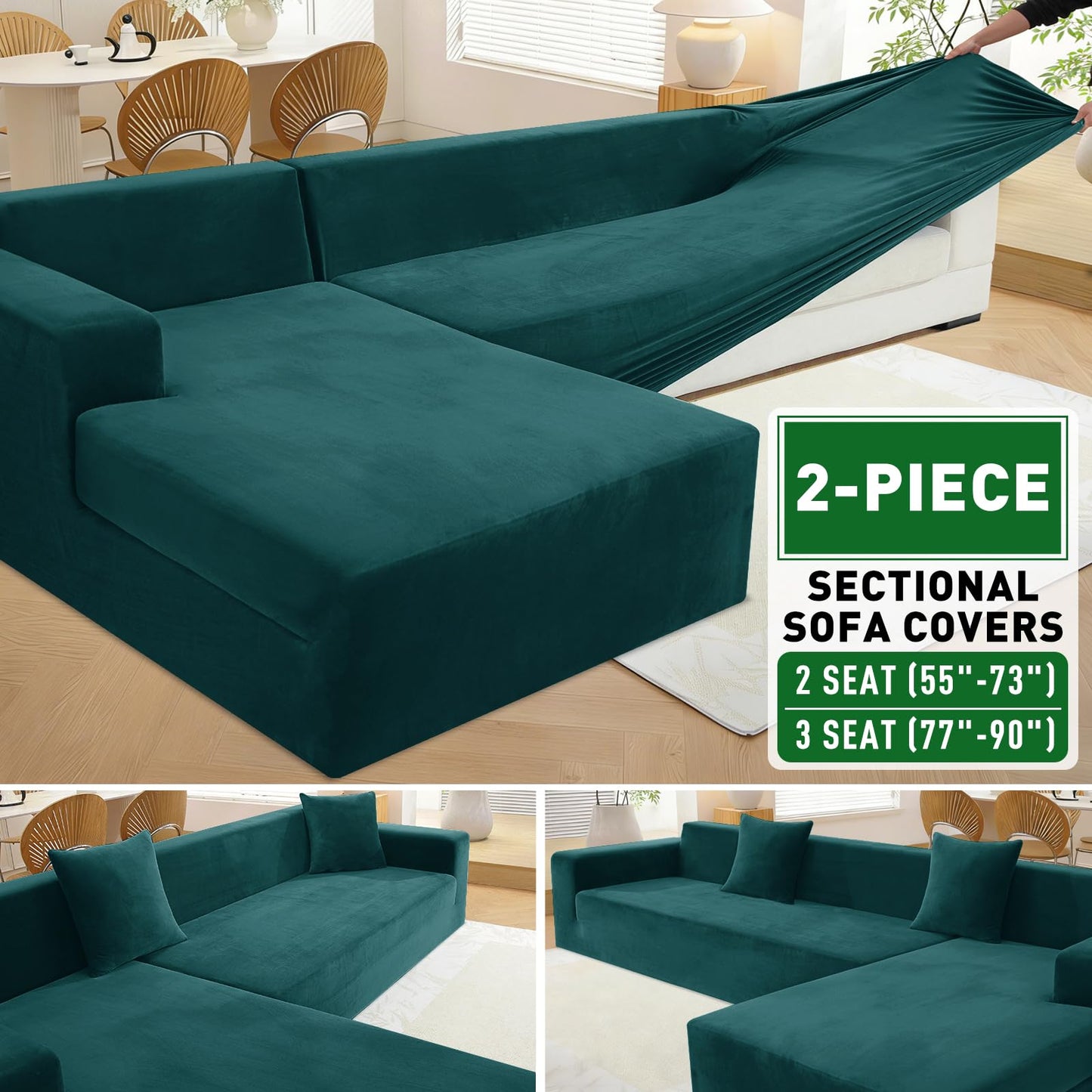 ZNSAYOTX 2026 Soft Velvet Sectional Couch Covers, Luxury Plush Slipcovers with Elastic Bottom for L Shape Sectional Sofa, 2 Pcs Pet Friendly Protector (3 Seat Couch + 2 Seat Chaise, Deep Teal)