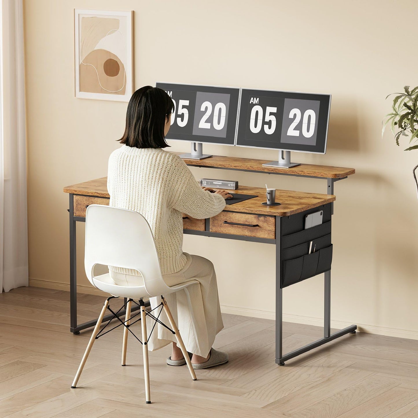 Maihail Computer Desk with Drawers, 47.2X15.8-22.9 Inches Office Computer Desk with Side Pocket & Ergonomic Monitor Stand, Writing Table for Small Spaces, Bedroom, Rustic Brown