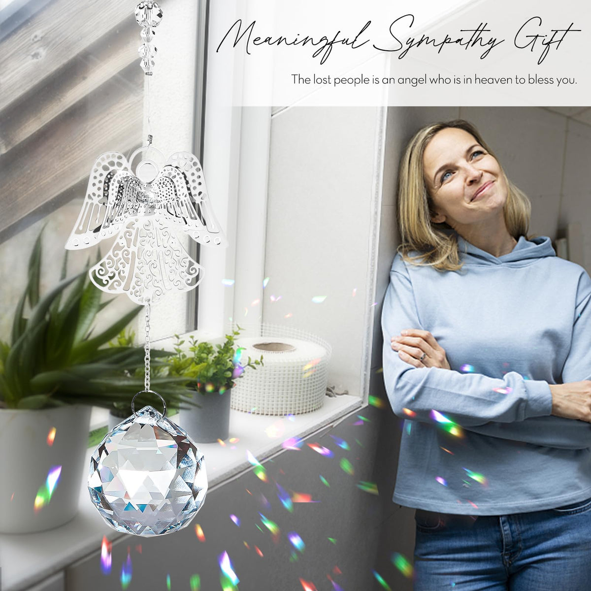 Elivida Memorial Modern Sympathy Gift for Loss of Mom - 3D Angel Design Grief Hanging Ornament With 40mm Clear Crystal Ball Rainbow Maker - Bereavement Idea for Women