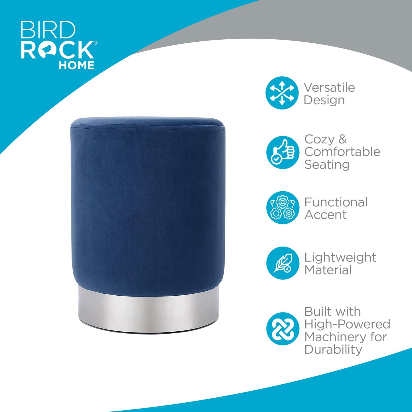 BIRDROCK HOME Round Ottoman Foot Stool – Modern Soft Padded Velvet Vanity Chair with Silver Metal Trim – Accent Chair or Foot Rest for Living Room, Bedroom, or Dressing Room (Blue)