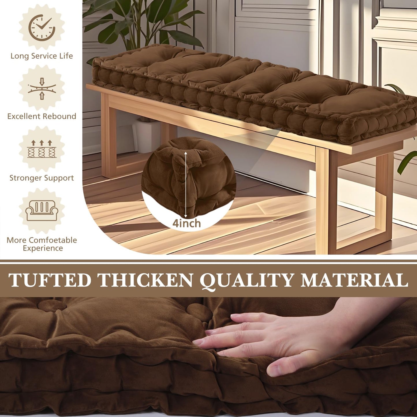 Threehoney Bench Cushions for Indoor Furniture 42x16 in Velvet Kitchen Dining Piano Window Seat Cushion, Tufted Patio Porch Swing Thicken Bench Pad Memory Foam(Brown)