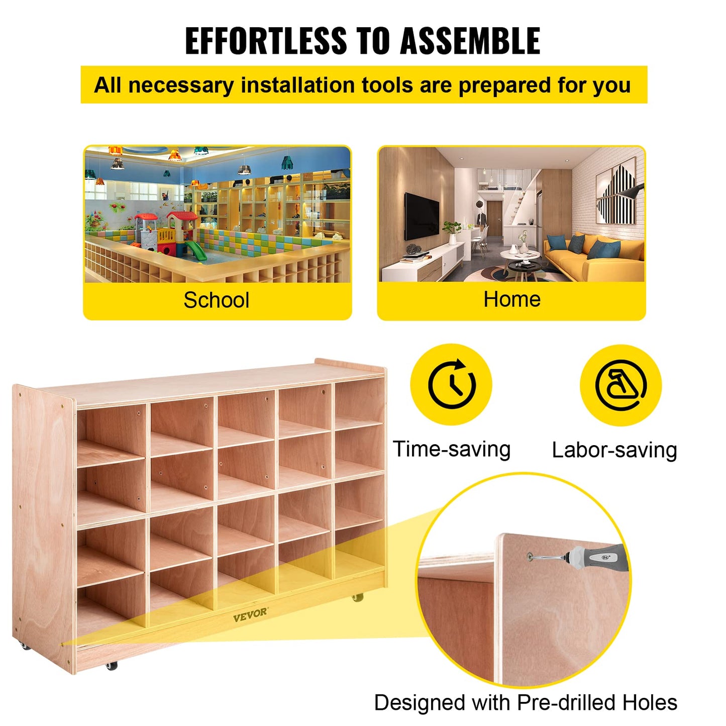 Happybuy 20-Section School Storage Locker, Wooden Storage Cabinet with 4 Casters, Classroom Cubbies for Storage, 15mm Thick Plywood Locker for Home, Office, School, Gym, Kindergarten