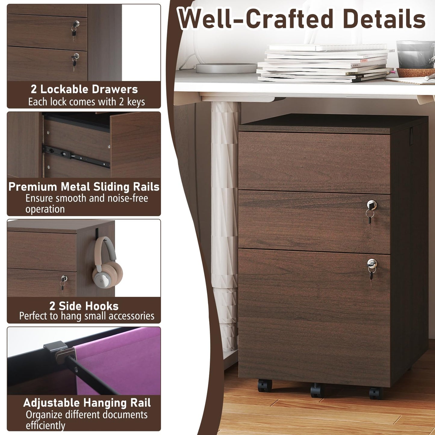 Giantex 3-Drawer File Cabinet with Lock, 27-Inches Storage Cabinet with 2 Side Hooks, Mobile Printer Stand, Wheels, 4 Keys, Vertical Filing Organizer fits Letter/A4 Size for Home Office (Brown)