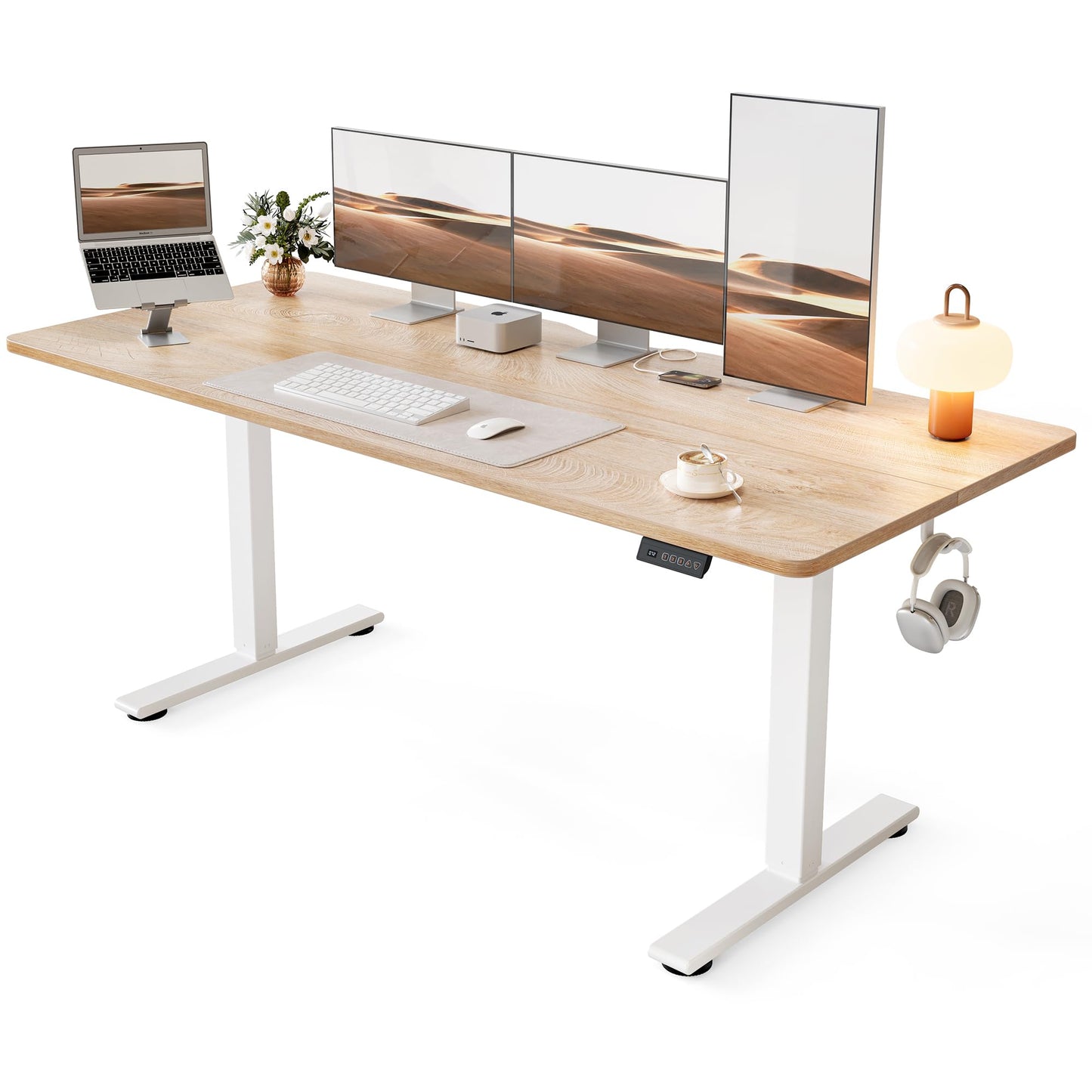 Cubiker Standing Desk, 63x28 Inches Sit Stand Home Office Desk, Electric Stand up Desk, Adjustable Desk with Splice Board, White Frame/Maple Top