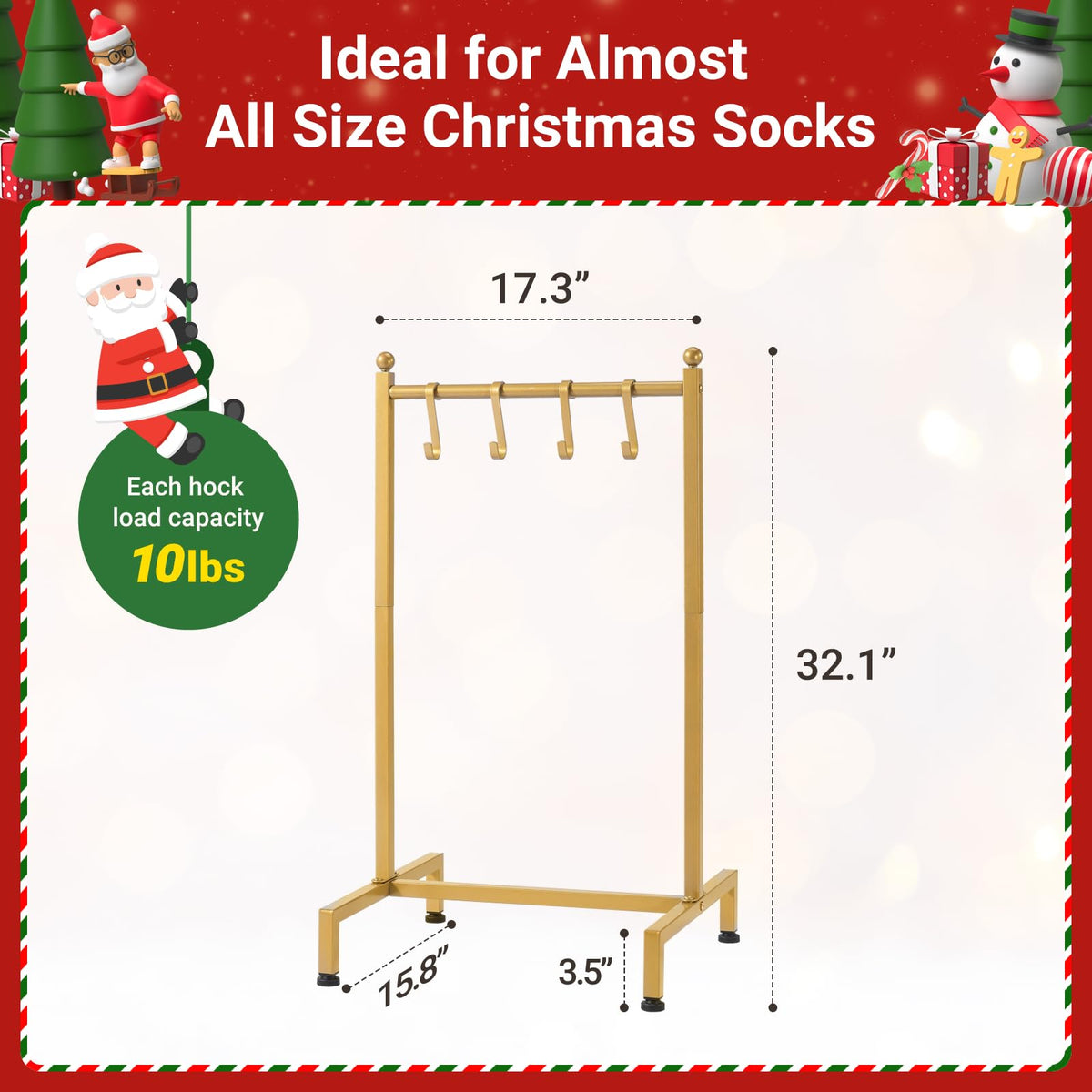 ELYKEN Christmas Stocking Holder, Free Standing Stocking Rack with 4 Removable Hooks, Small Stocking Stand, Heavy Duty Metal Tubes with Stable Base and Adjustable Feet, Gold