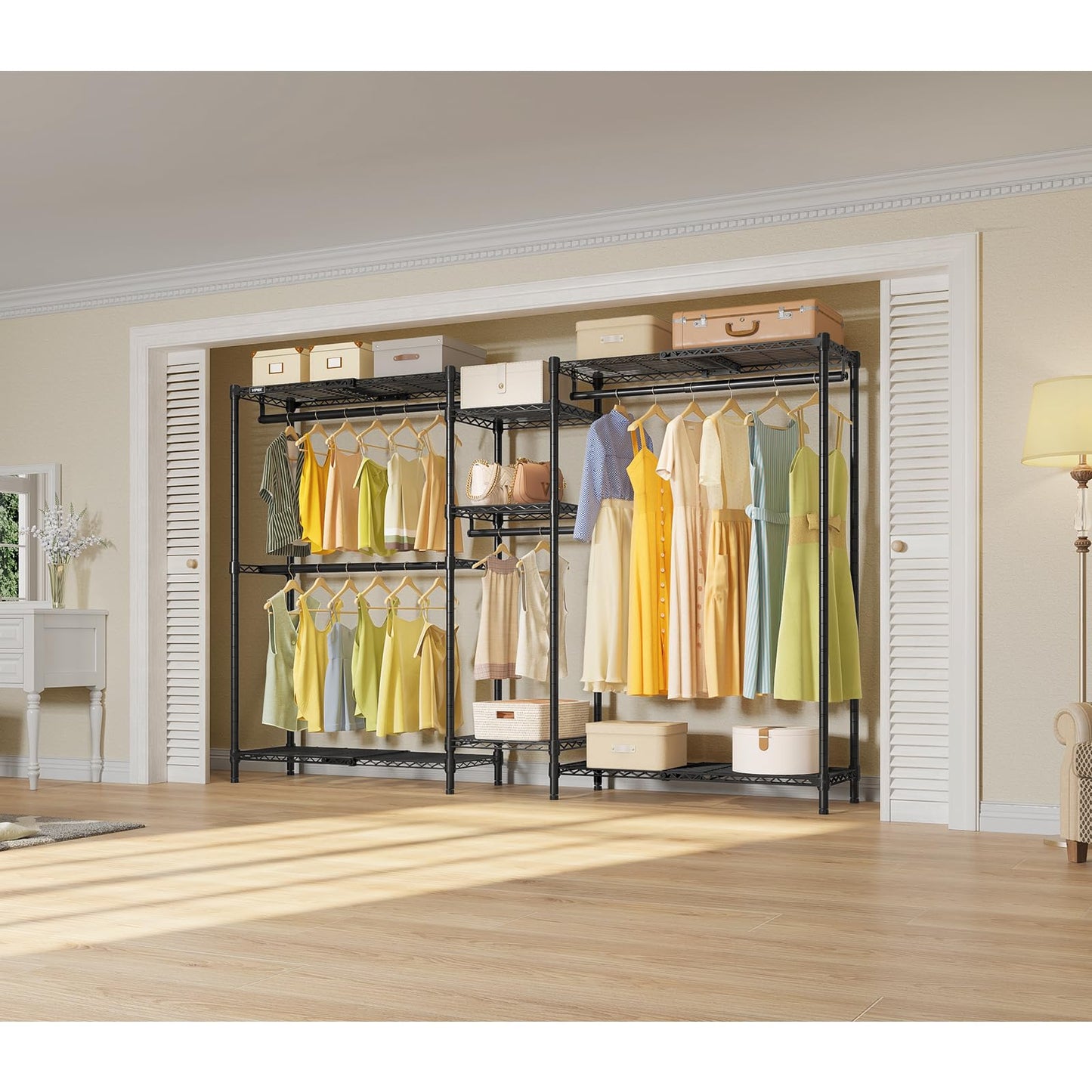 VIPEK Classic V6X Dynamic Closet System, Expandable Freestanding Clothes Rack with Shelves & Hanging Rods, Adjustable Width 62"-96", Modular Metal Clothing Rack Organizer for Reach-in Closet