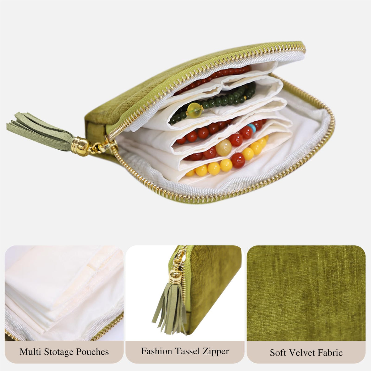 Stratalife Travel Jewelry Case Organizer for Women Wedding Gifts Portable Velvet Pouches for Travel Essentials Jewelry Crystal Bracelets Necklace Storage, Ring Holder Green Tassel