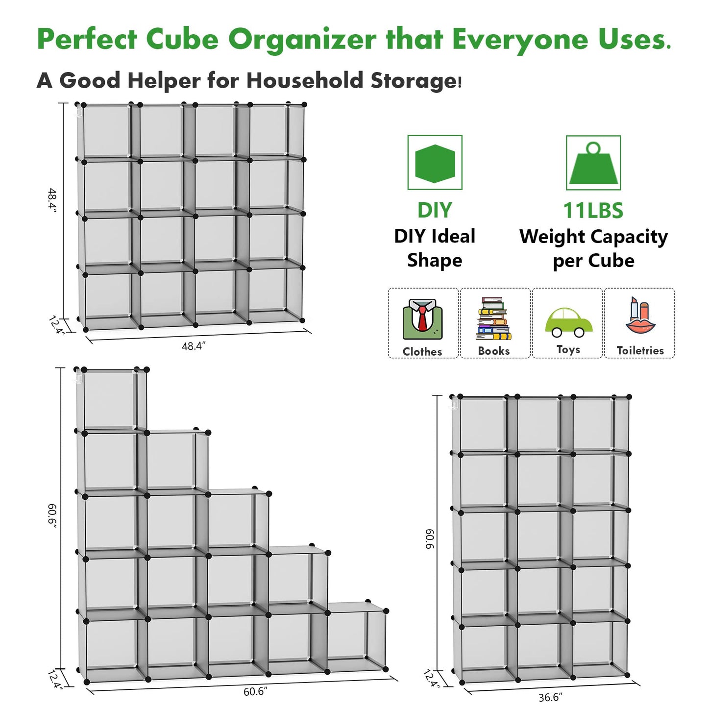 C&AHOME 16-Cube Storage Organizer, Plastic Shelves Units, DIY Closet Organizer, Modular Shelves Ideal for Home, Bedroom, 48.4" L 12.4" W 48.4" H Grey UPCS16G