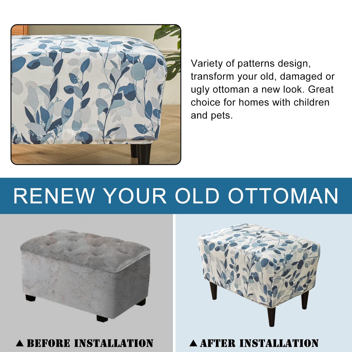KRFOONN Ottoman Slipcovers Stretch Rectangle Footrest Stool Covers Printed Ottoman Cover for Foot Stool Furniture Protector with Non Slip Elastic Bottom(04, Large)